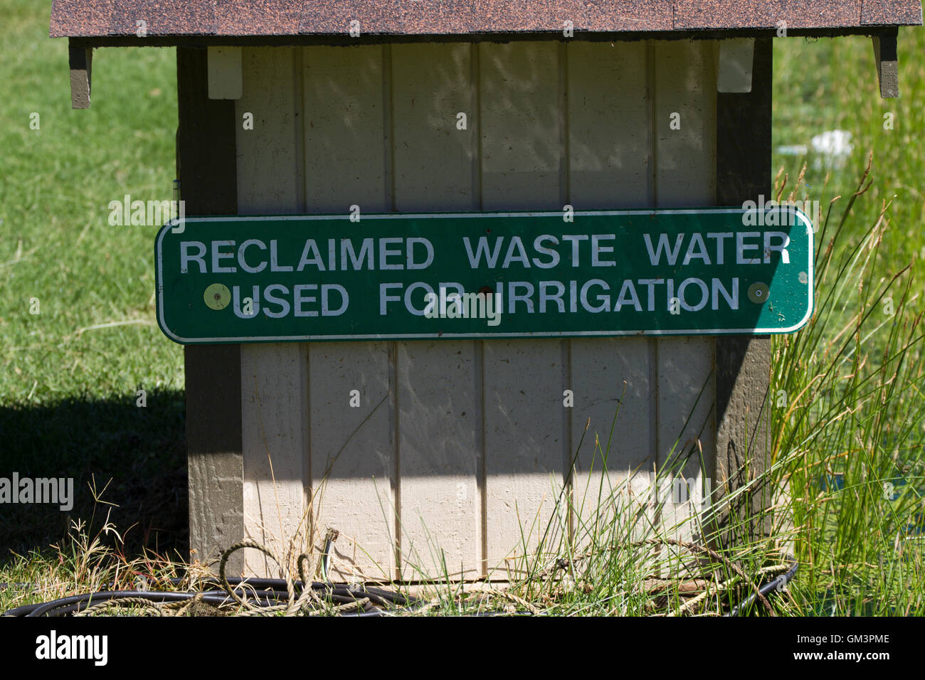 Sign on golf course  reclaimed water use for irrigation. California. USA Stock Photo