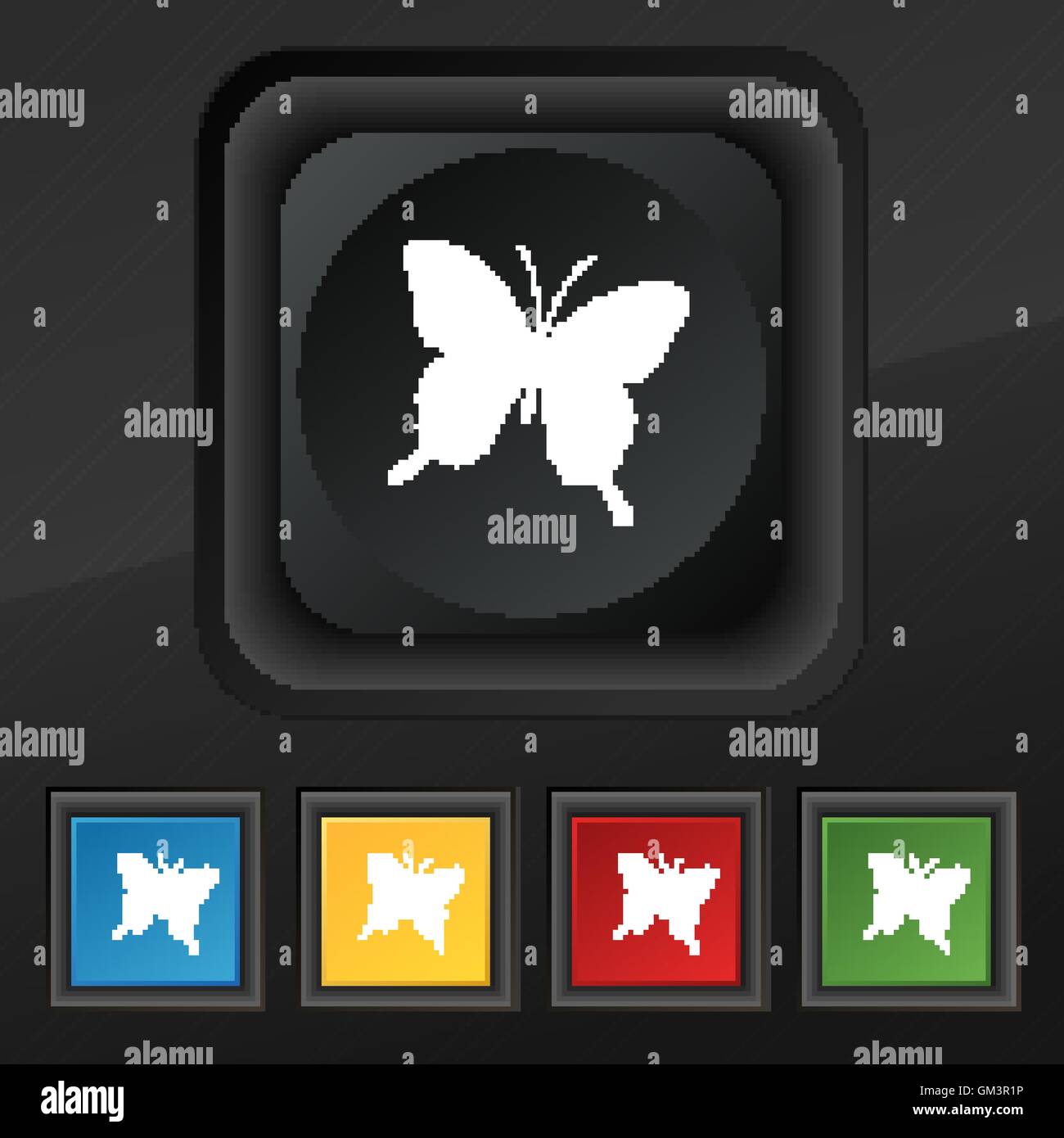 butterfly icon symbol. Set of five colorful, stylish buttons on black ...