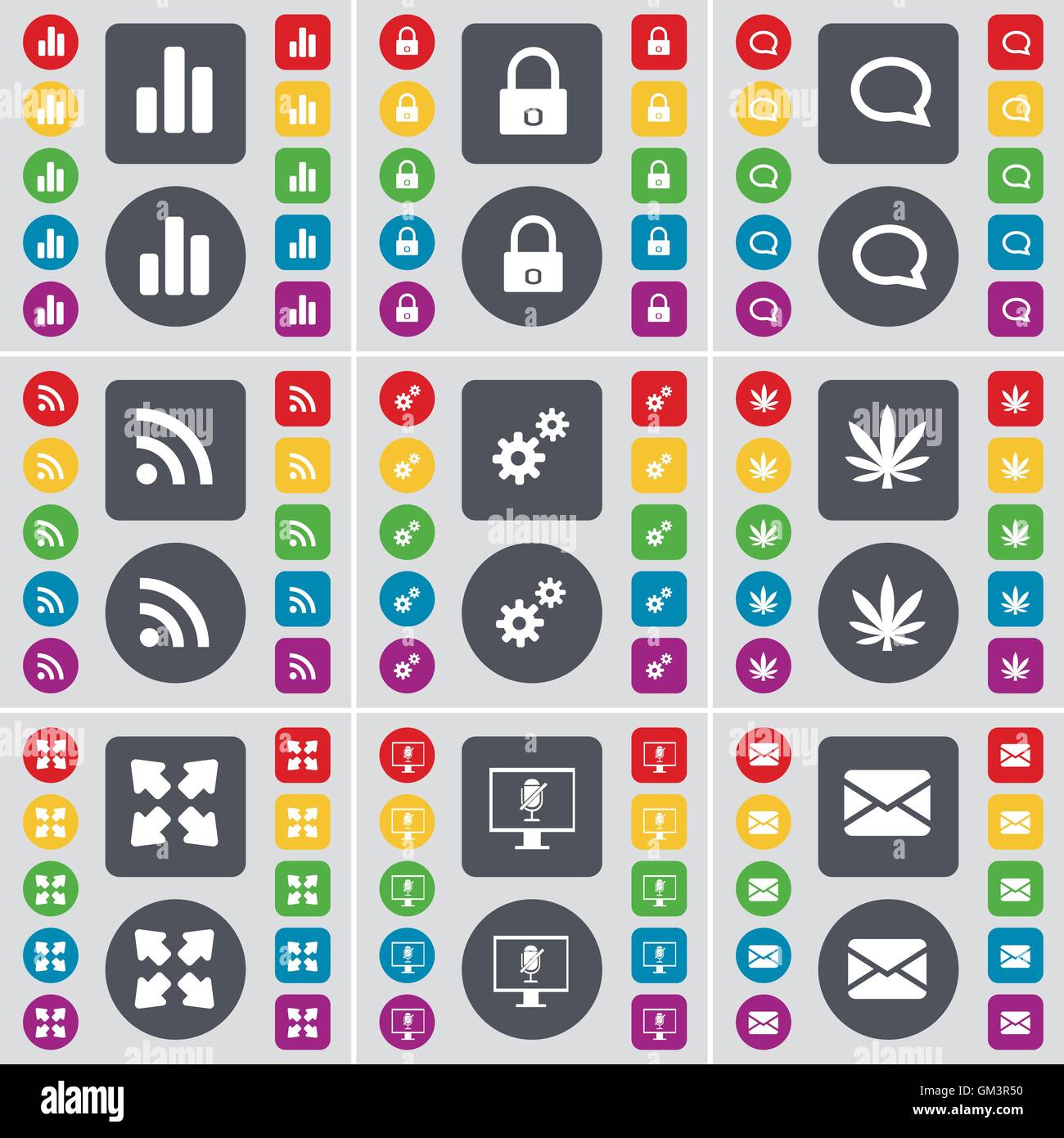 Diagram, Lock, Chat bubble, RSS, Gear, Marijuana, Full screen, Monitor, Message icon symbol. A large set of flat, colored button Stock Vector