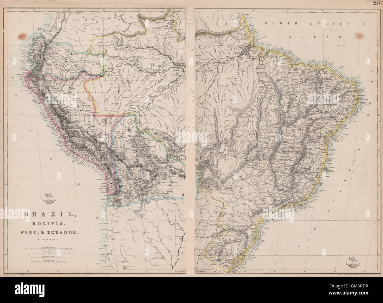 S AMERICA 'Brazil, Bolivia, Peru, & Ecuador' Bolivia w/ littoral.LOWRY, 1863 map Stock Photo