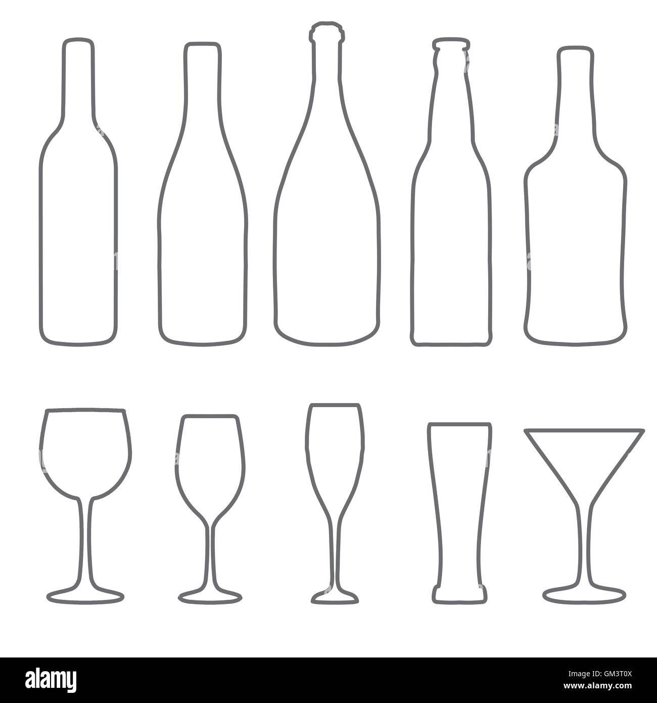 Alcohol thin lines icons set. Wine. beer, gin, champagne icons Stock Vector