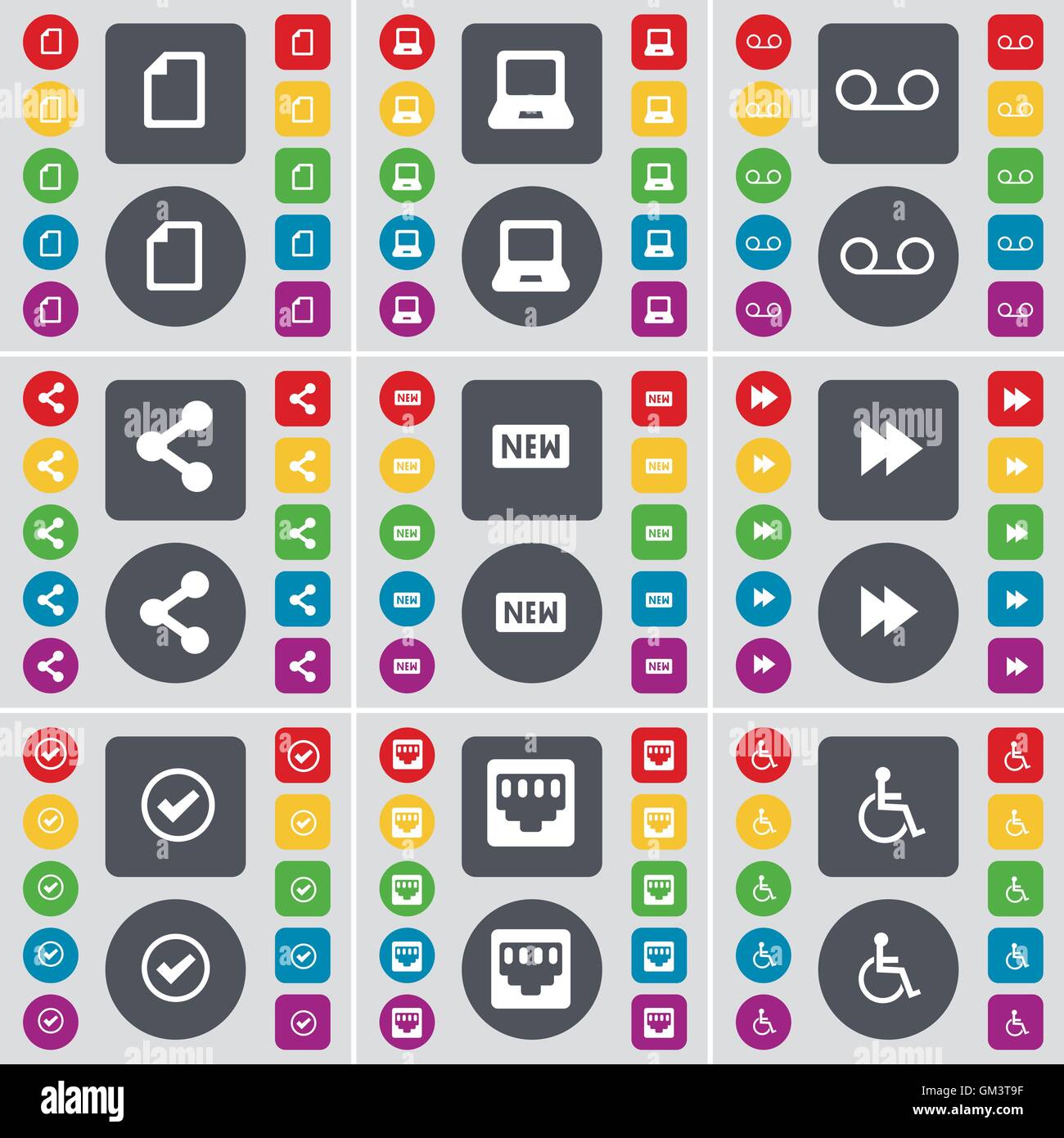 File, Laptop, Cassette, Share, New, Rewind, Tick, LAN socket, Disabled ...