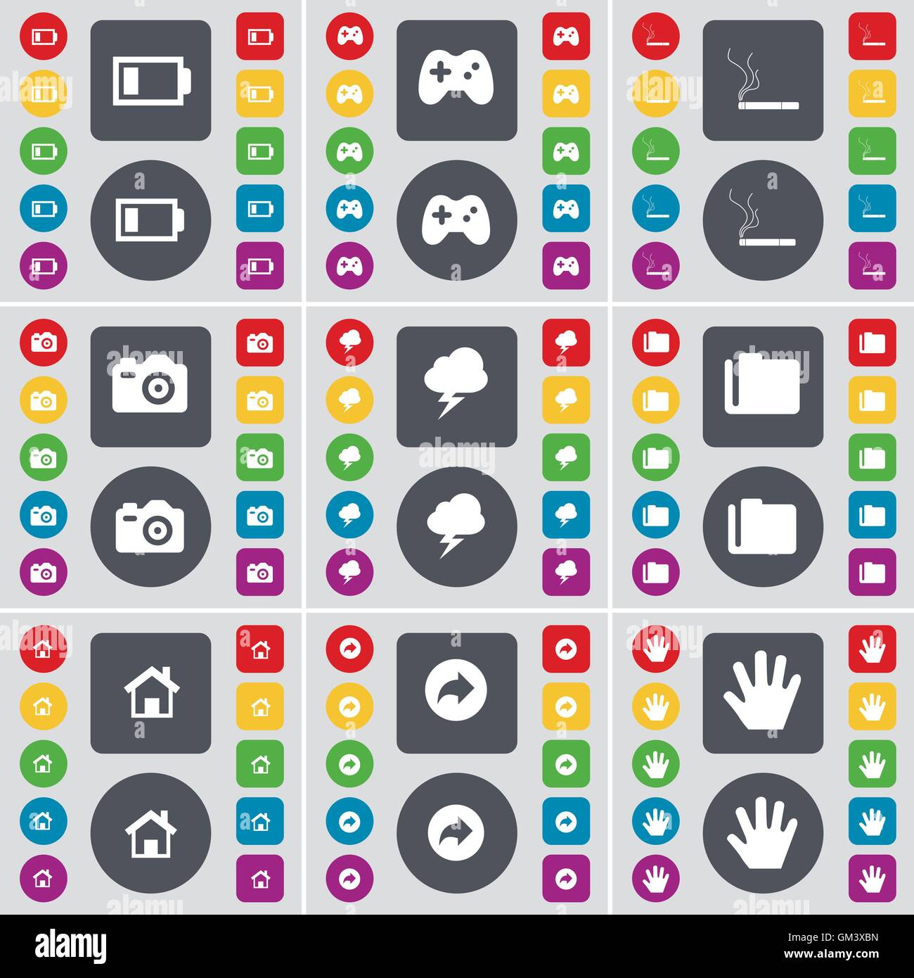 Battery, Gamepad, Cigarette, Camera, Lightning, Folder, House, Back, Hand icon symbol. A large set of flat, colored buttons for your design. Vector Stock Vector