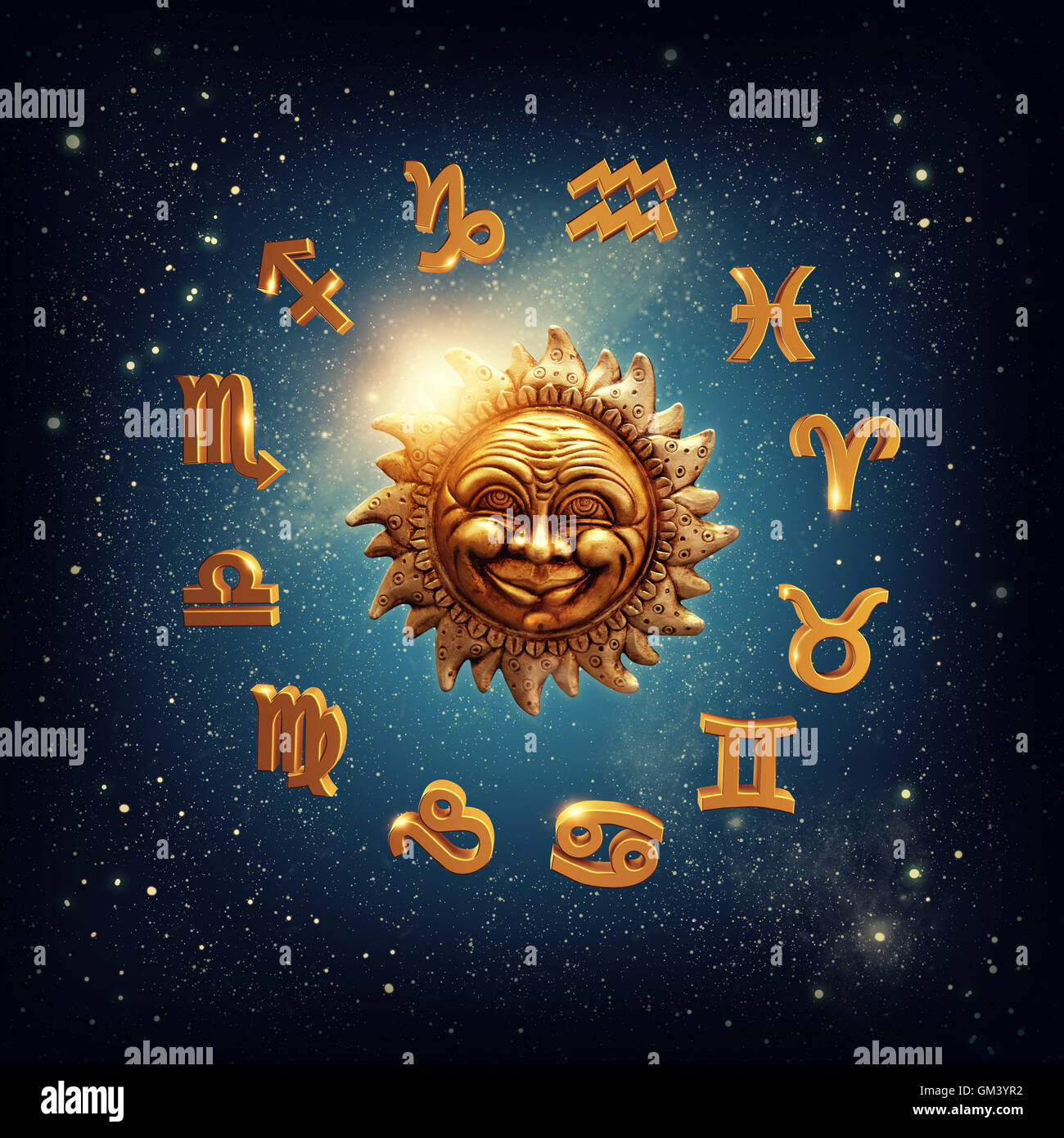 The sun surrounded by zodiac signs Stock Photo