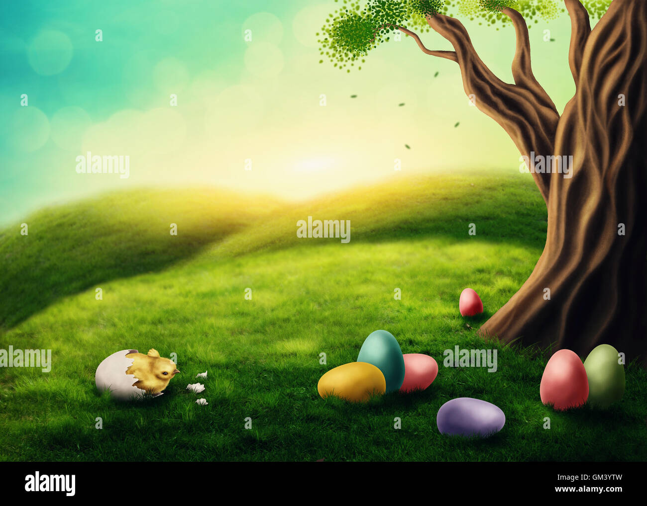 Easter landscape with chicken and colorful eggs Stock Photo - Alamy