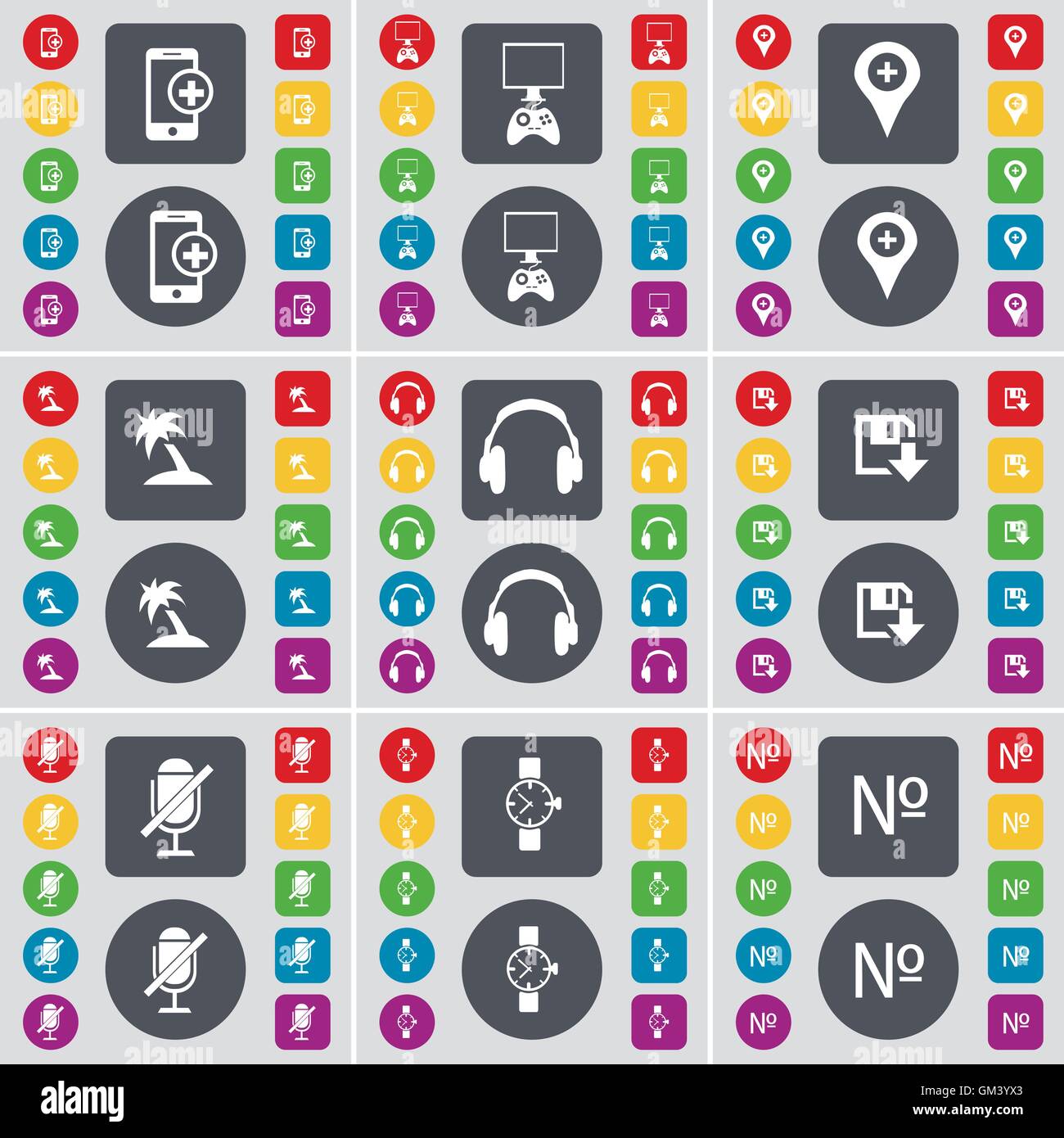 Smartphone, Game console, Checkpoint, Palm, Headphones, Floppy,  icon symbol. A large set of flat, colored buttons for your desi Stock Vector