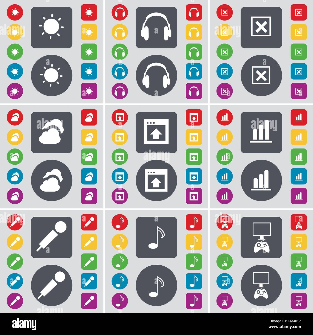 Light, Headphones, Stop, Cloud, Window, Diagram, Microphone, Note, Game console icon symbol. A large set of flat, colored buttons for your design. Vector Stock Vector