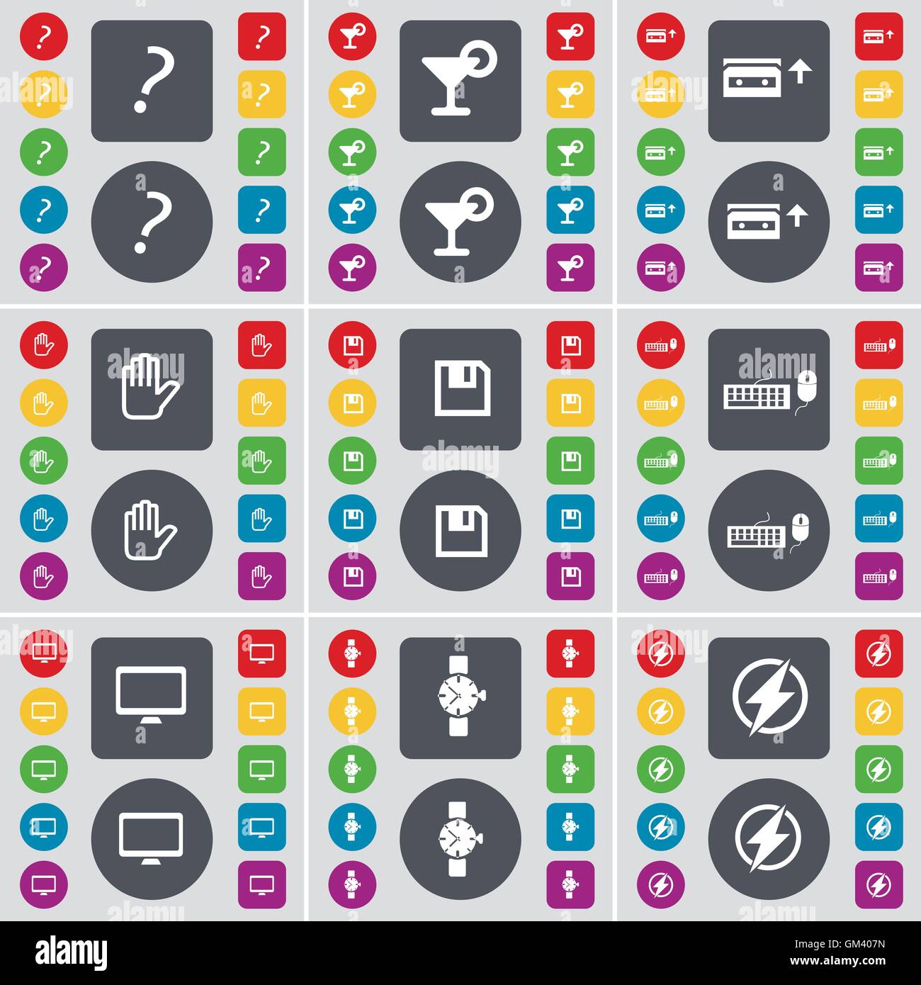 Question mark, Cocktail, Cassette, Hand, Floppy, Keyboard, Monitor ...