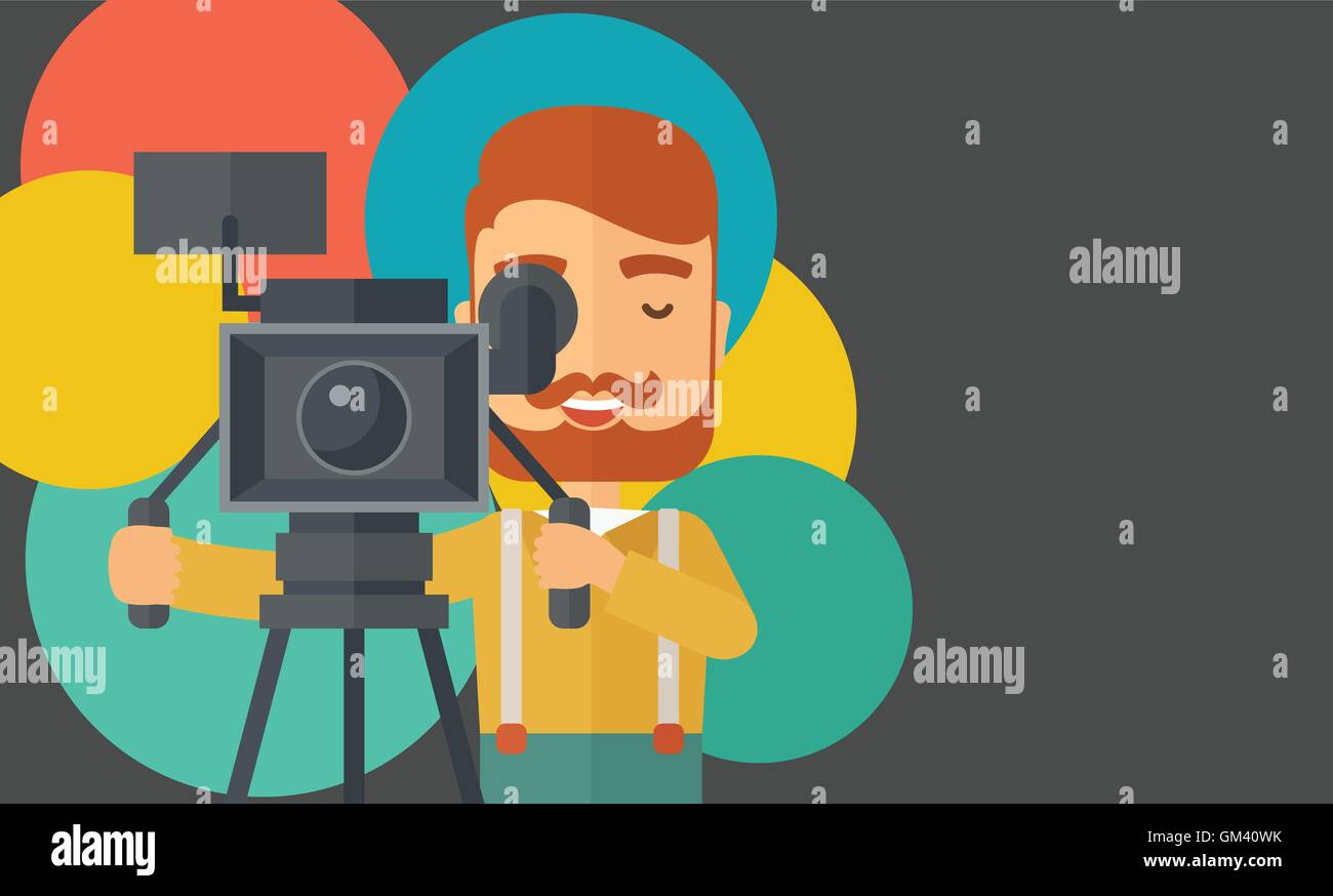 Videographer and his video cam with stand. Stock Vector