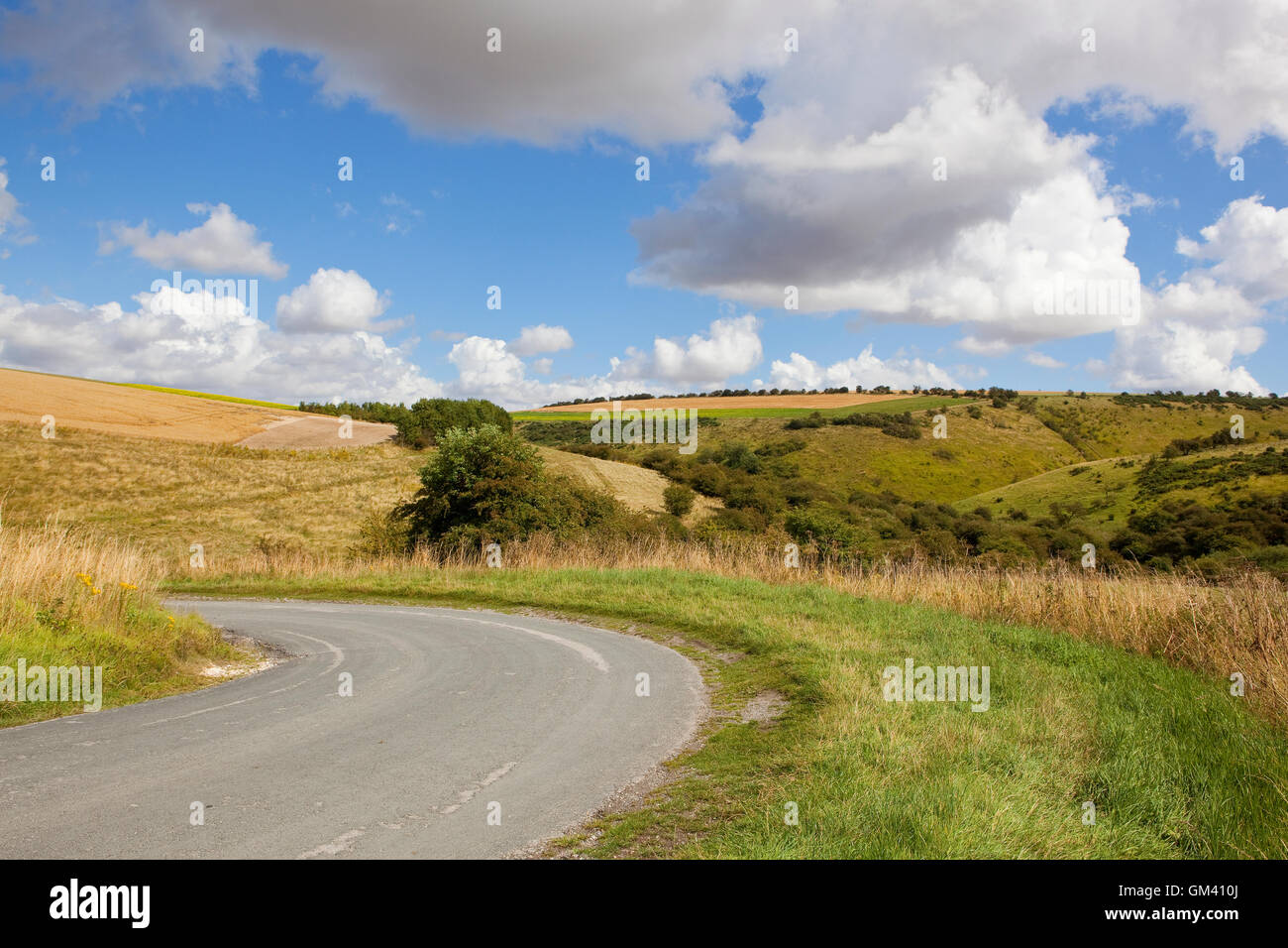 A view from the road above Millington pastures in the scenic hillsides of Yorkshire wolds in summertime. Stock Photo