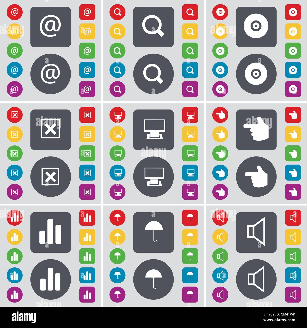 Mail, Magnifying glass, Disk, Stop, Monitor, Hand, Diagram, Umbrella, Sound  icon symbol. A large set of flat, colored buttons fo Stock Vector Image &  Art - Alamy