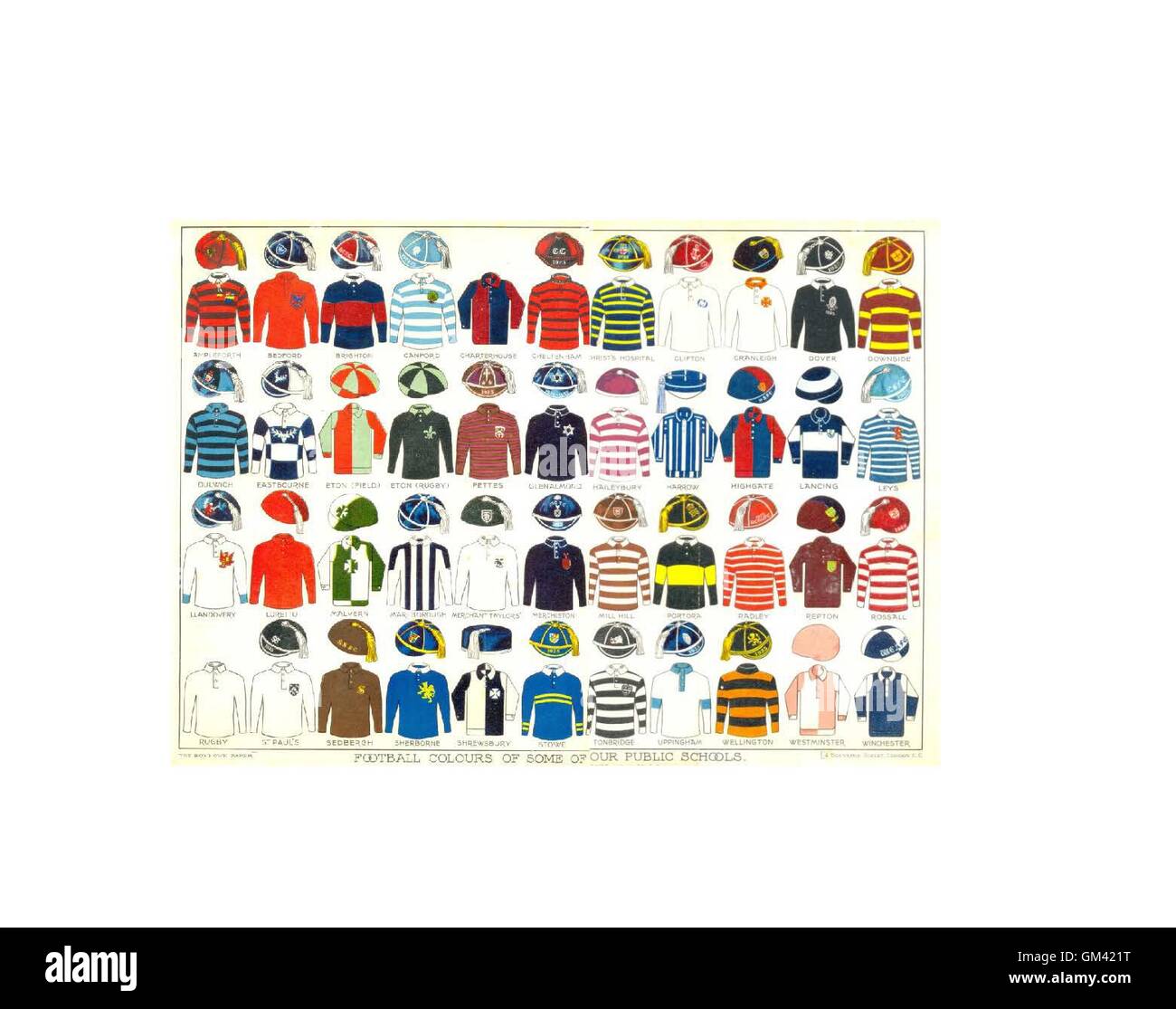 Colour plate from the 'Boy's Own Paper' showing Football Colours of some of our Public Schools circa 1925 Stock Photo