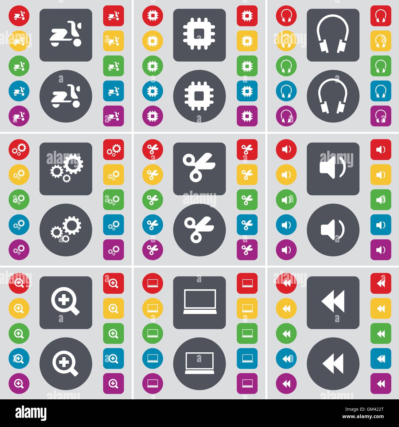 Scooter, Processor, Headphones, Gears, Scissors, Sound, Plus, Laptop,  Rewind icon symbol. A large set of flat, colored buttons for your design.  Vector Stock Vector Image & Art - Alamy