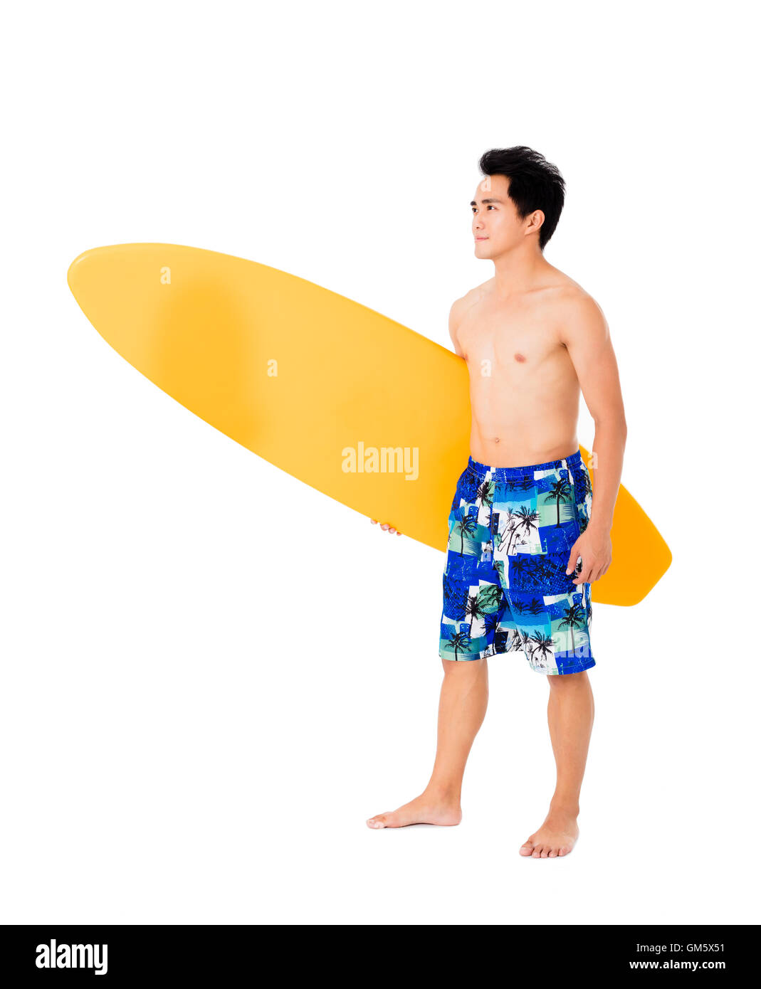 Young man with surfboard isolated on white Stock Photo