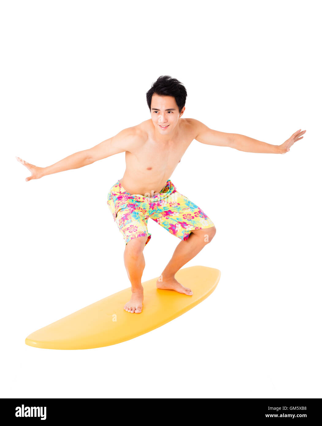 Young man with surfboard isolated on white Stock Photo