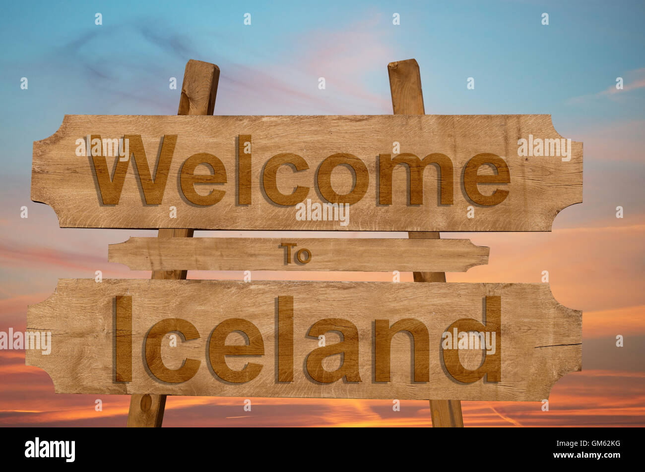 Welcome to Iceland sing on wood background Stock Photo