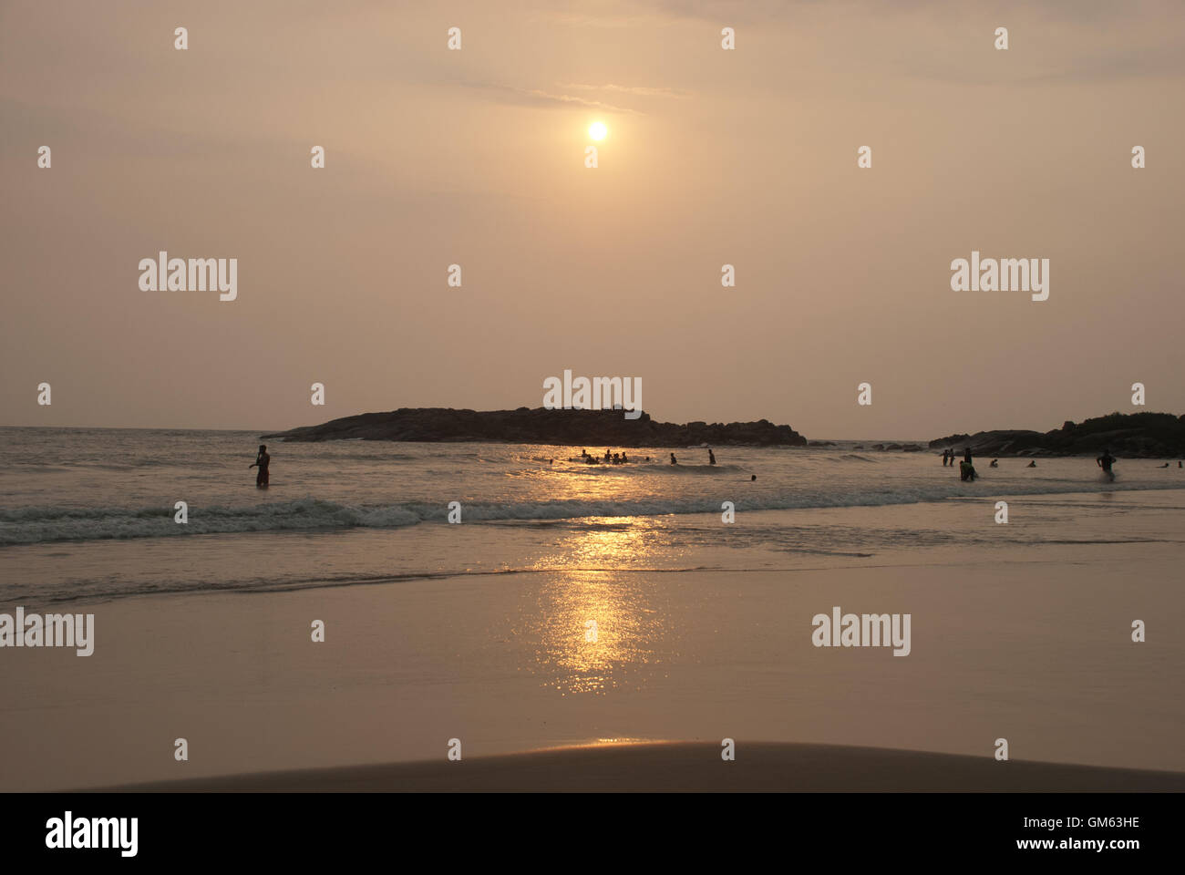 Sunset at Lighthouse Beach, Kovalam, Malabarian Coast, Malabar, Kerala state, India, Asia. Stock Photo