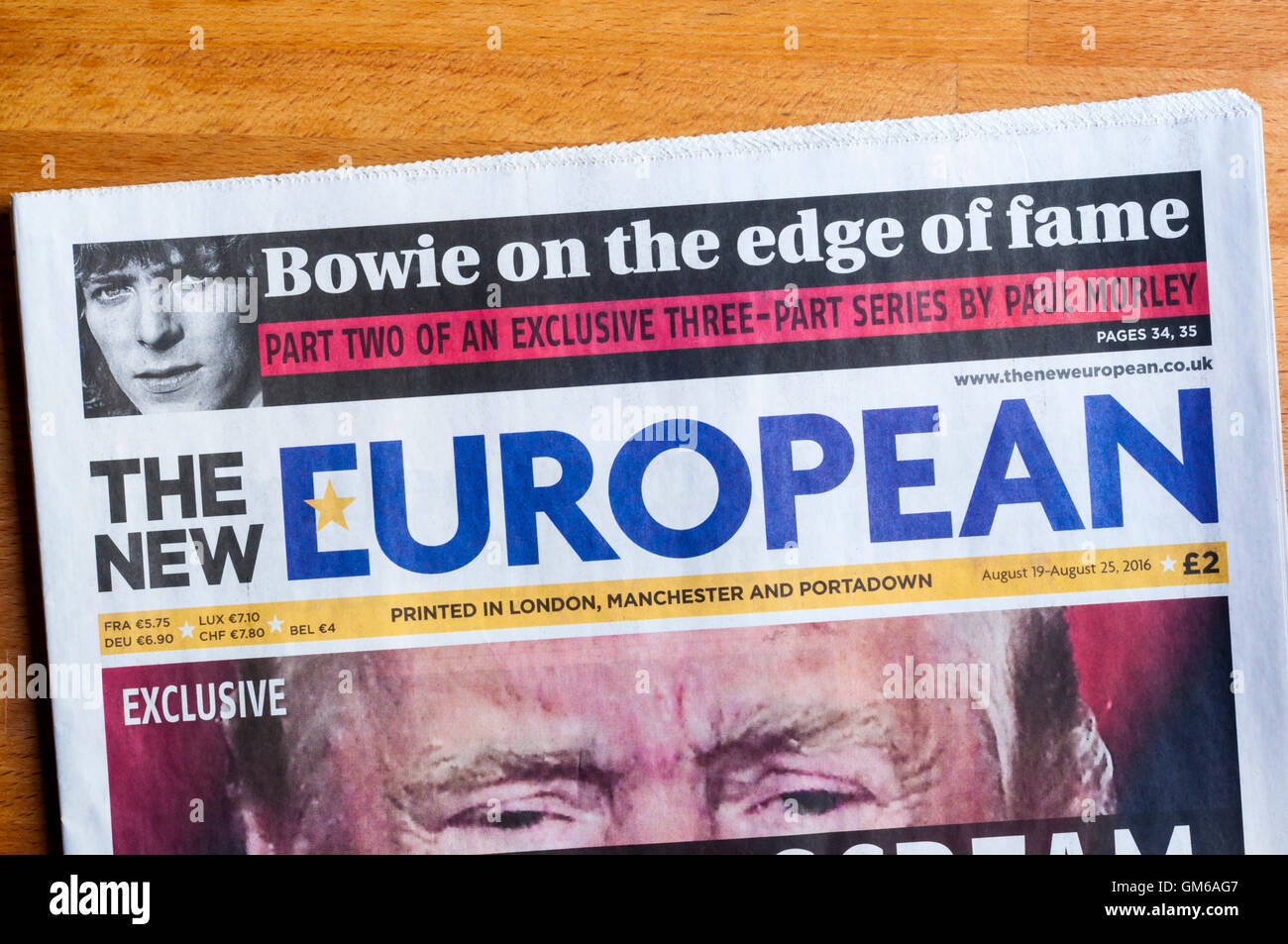 Donald Trump on the front page of the pop-up weekly pro-European newspaper, The New European published by Archant Limited. Stock Photo