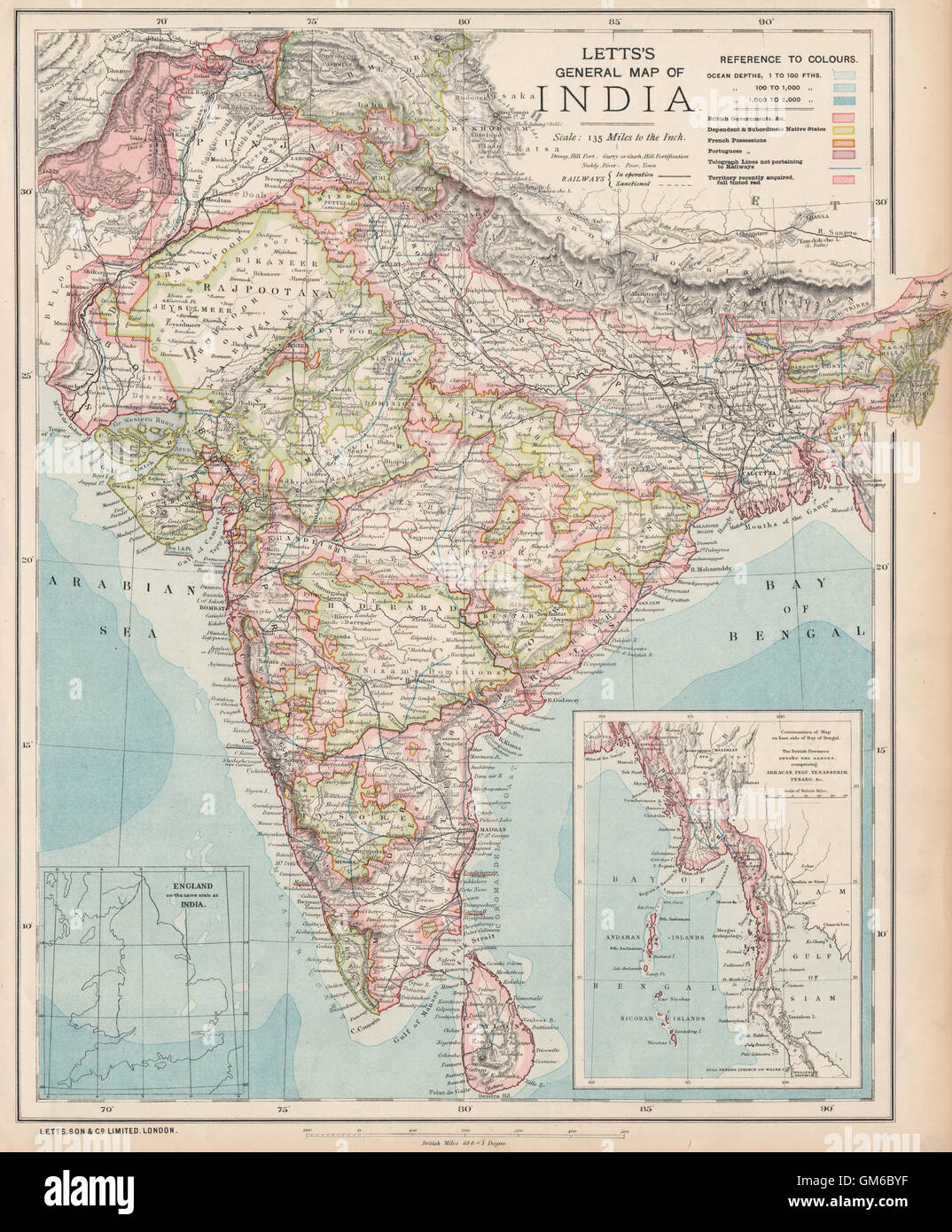 BRITISH INDIA French Portuguese Native states Railways telegraphs LETTS 1889 map Stock Photo