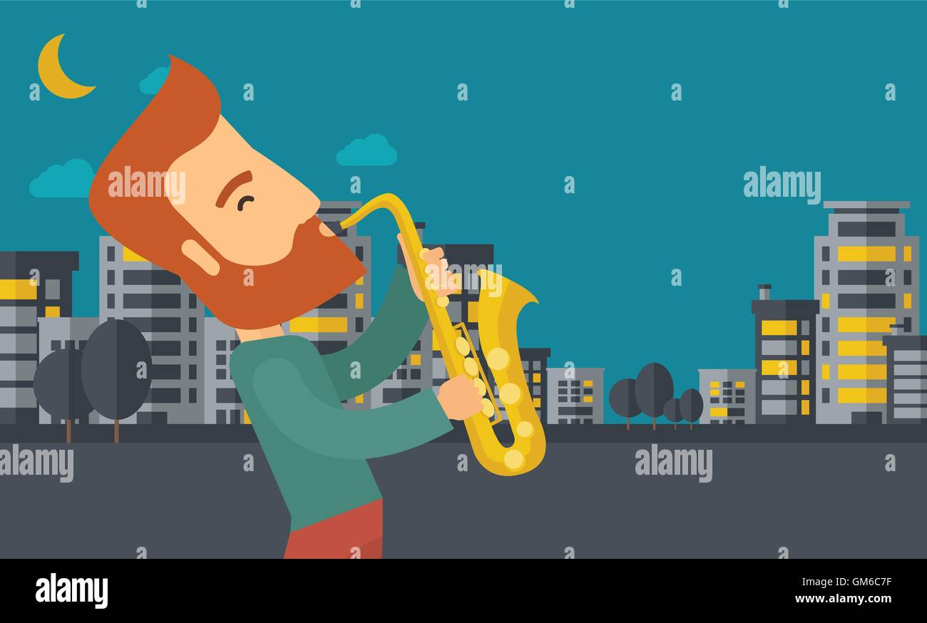 Saxophonist playing in the streets at night Stock Vector