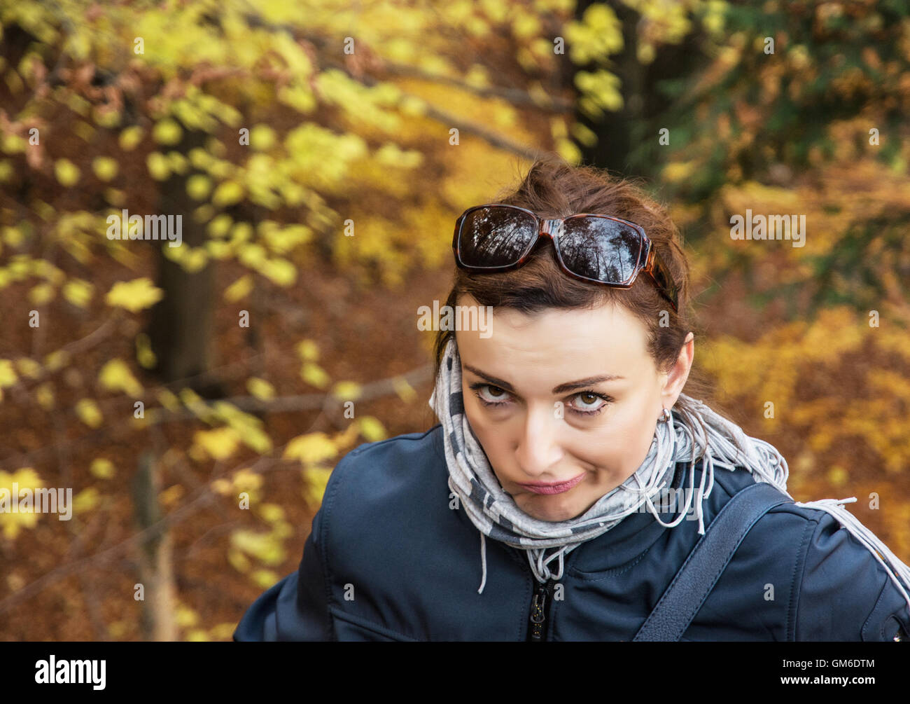 Beautiful Crazy Brunette Woman Posing In Autumn Outdoors Vibrant