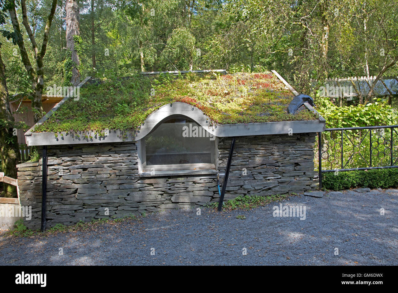 Turf sedum grass roof Centre for Alternative Technology Machynlleth Wales Stock Photo
