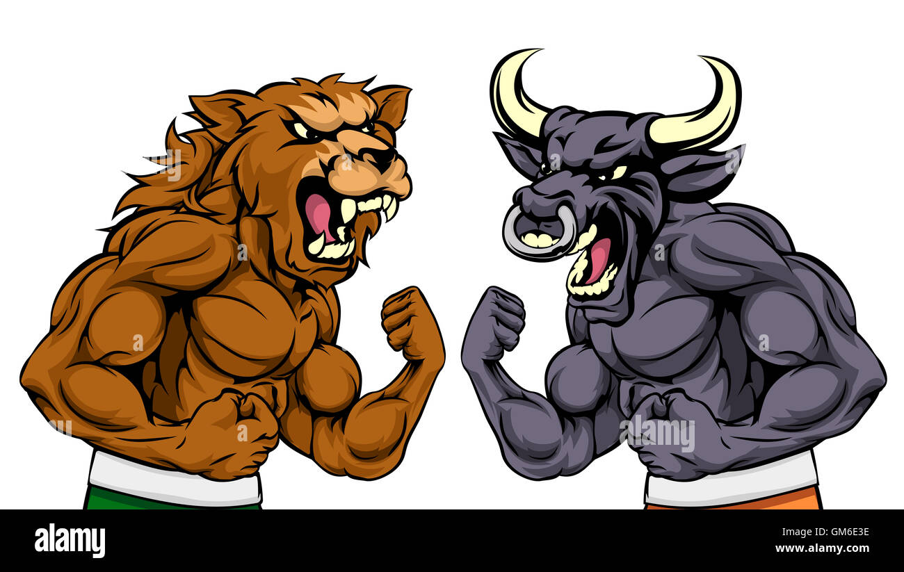 A cartoon bear fighting a cartoon bull mascot character standing for the bears versus bulls stock market metaphor Stock Photo