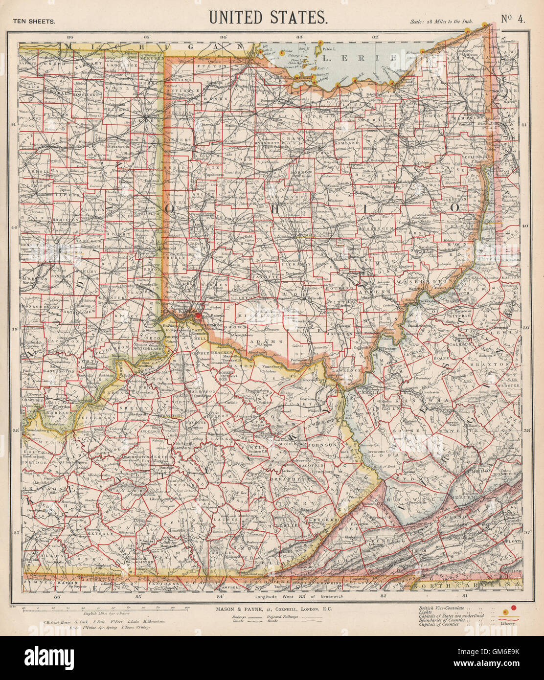 USA. Ohio with parts of Kentucky, Virginia & Indiana. Railroads. LETTS, 1889 map Stock Photo