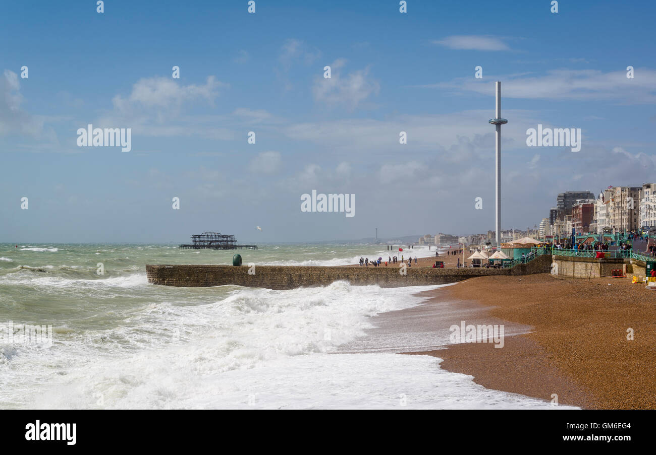 Brighton seafront with British Airways i360, 162-metre observation tower, and West Pier, East Sussex, England, UK Stock Photo