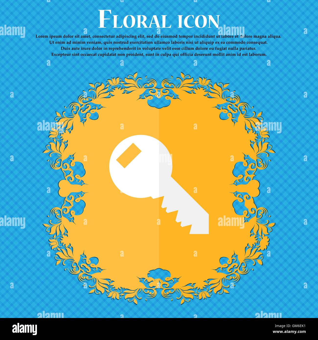 Key sign icon. Unlock tool symbol.. Floral flat design on a blue ...