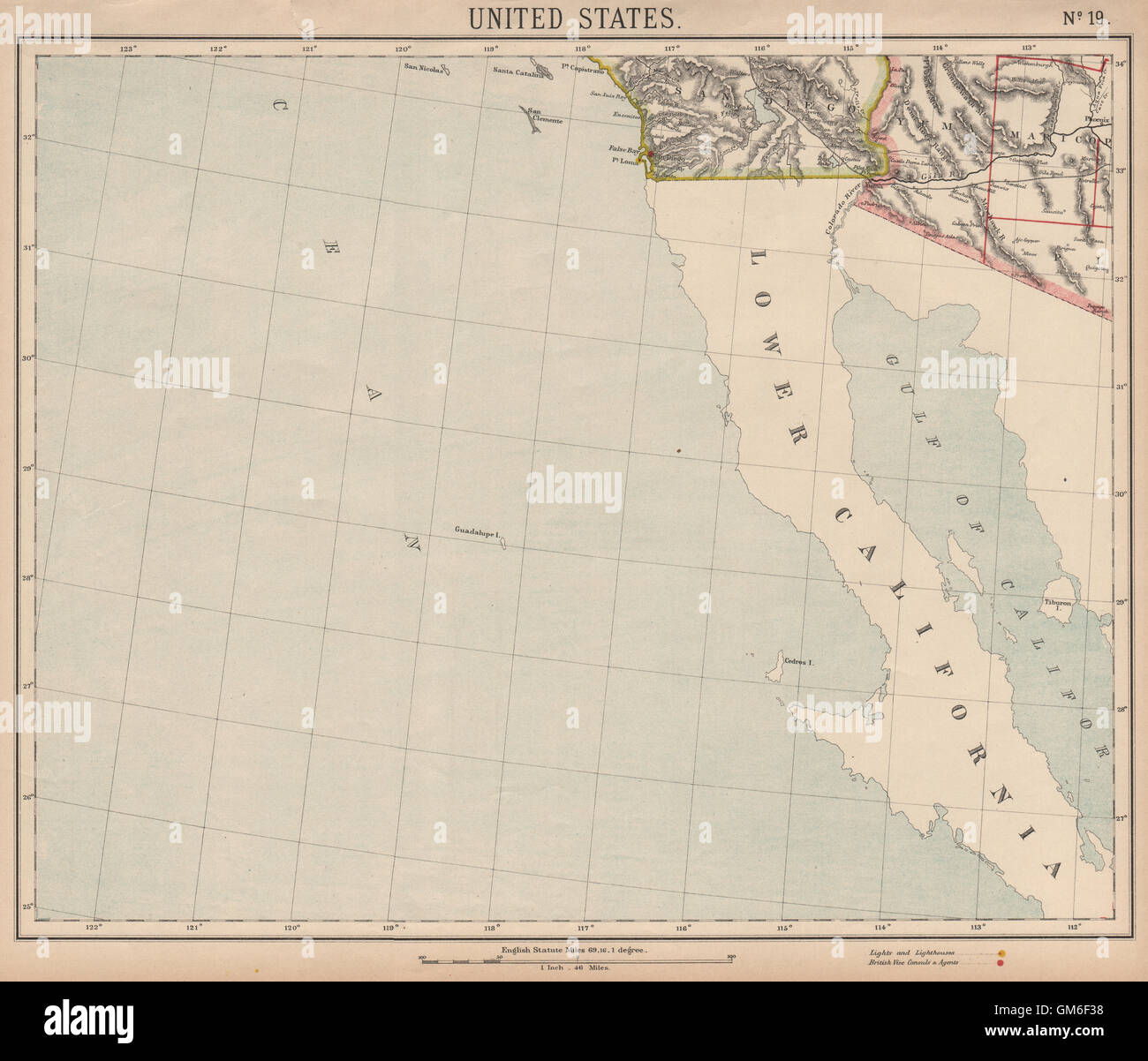 Baja & SOUTHERN CALIFORNIA & ARIZONA. San Diego & Phoenix. LETTS, 1889 old map Stock Photo