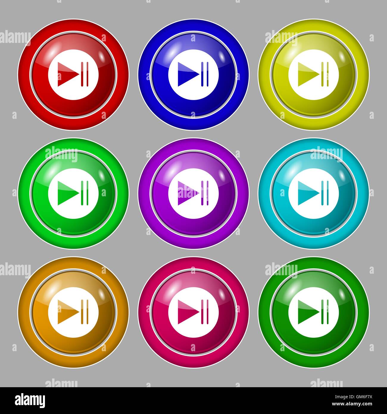 play button icon. Symbol on nine round colourful buttons. Vector Stock Vector