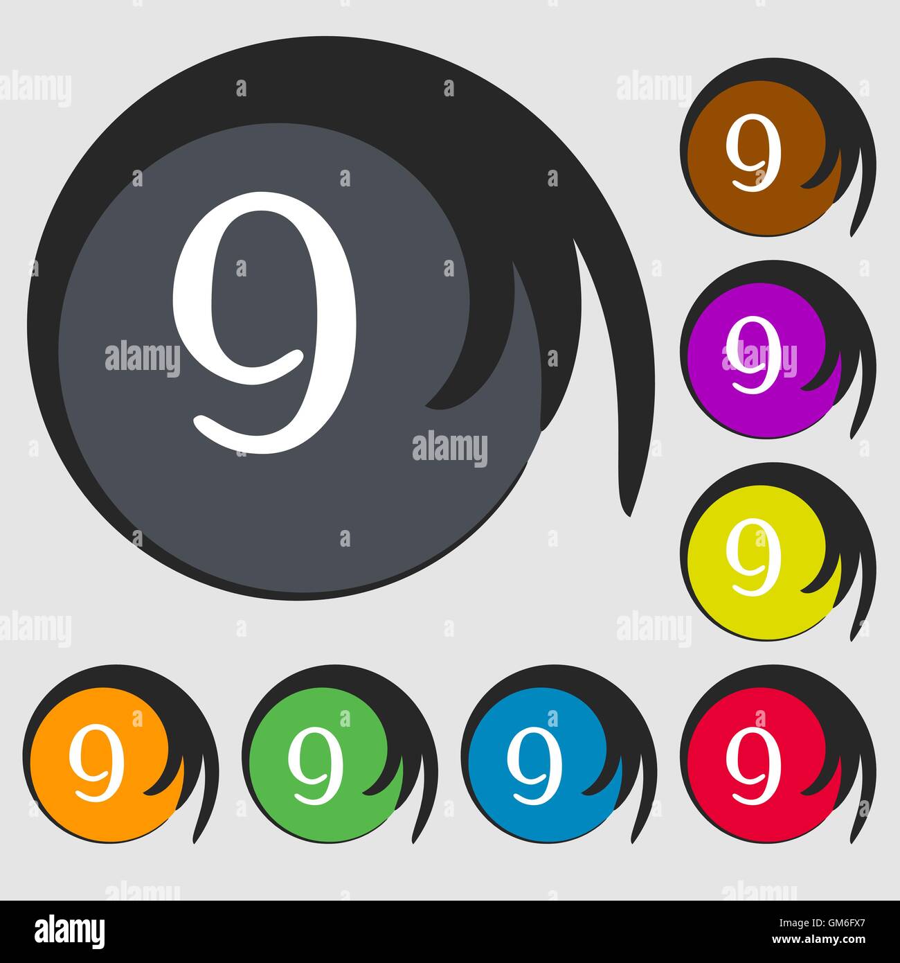 number Nine icon sign. Symbols on eight colored buttons. Vector Stock ...