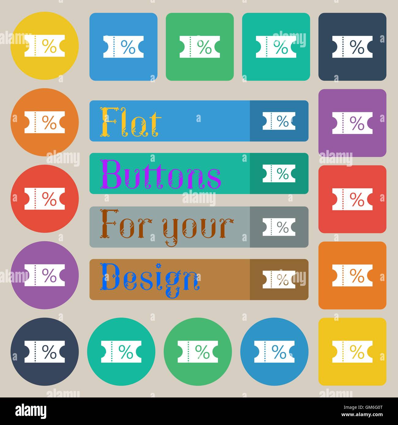 ticket discount icon sign. Set of twenty colored flat, round, square and rectangular buttons. Vector Stock Vector