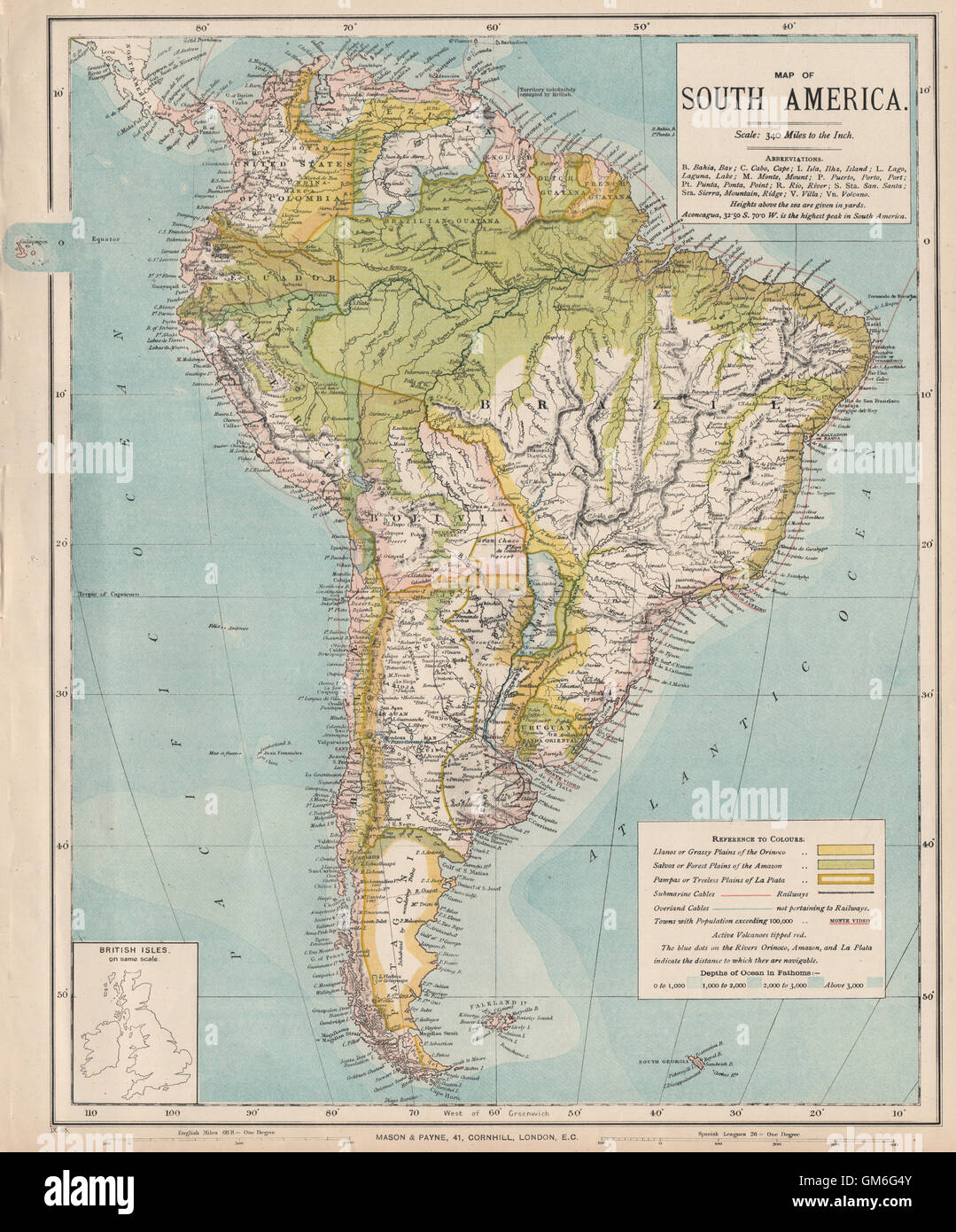 SOUTH AMERICA. Amazon rainforest. Pampas. Telegraph cables. LETTS, 1889 map  Stock Photo - Alamy