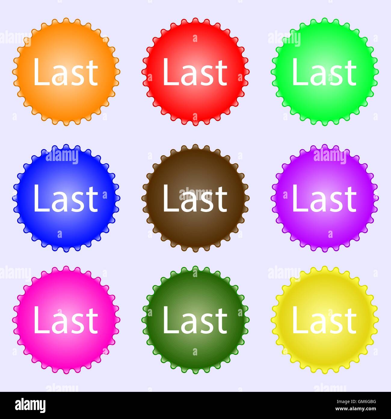 Last sign icon. Navigation symbol. A set of nine different colored labels. Vector Stock Vector