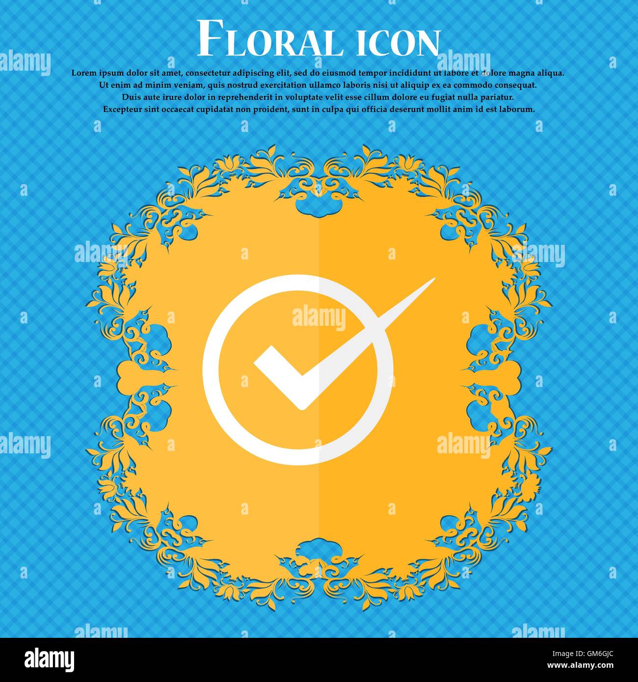 Check mark sign icon. Checkbox button. Floral flat design on a blue ...