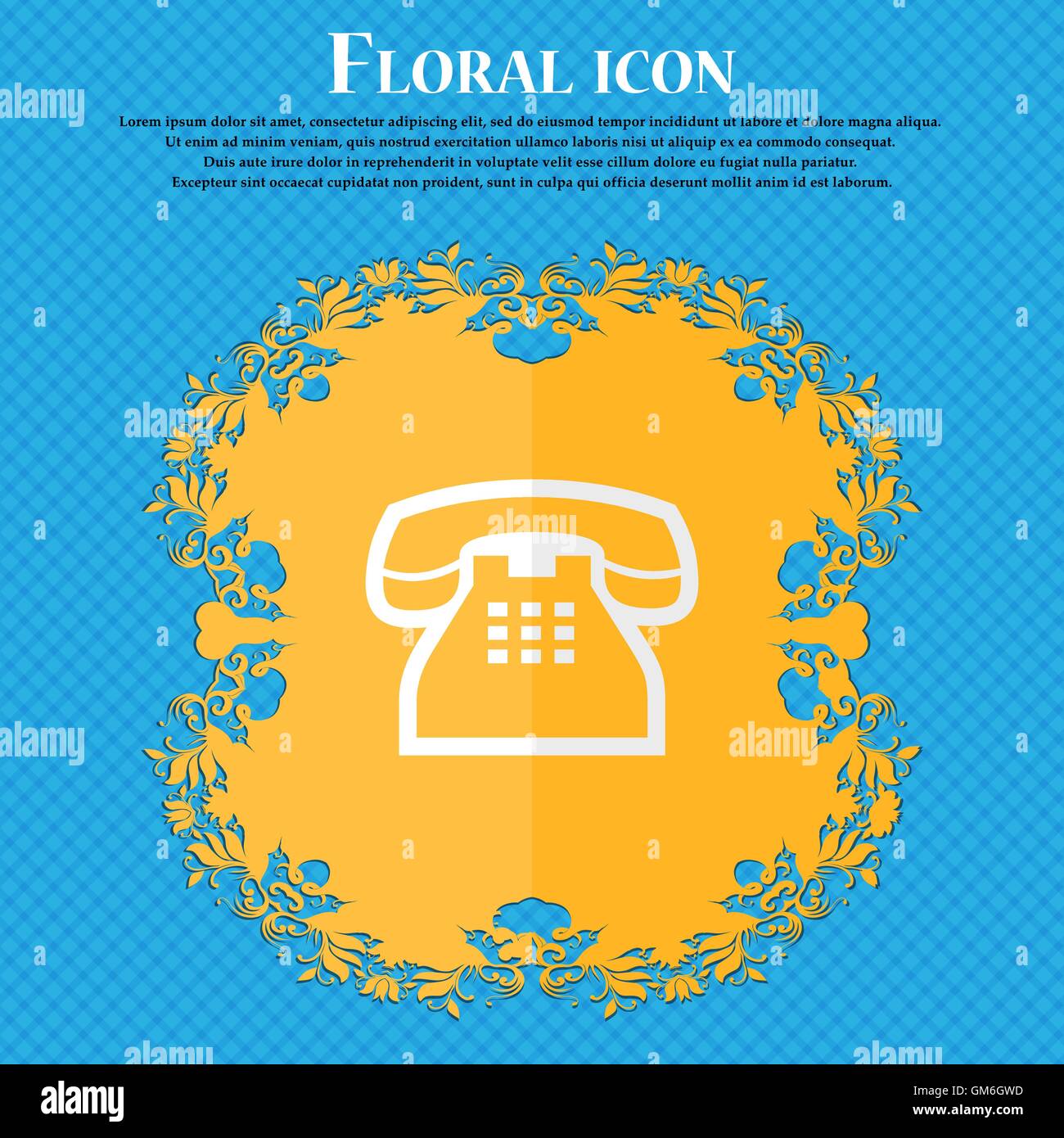 retro telephone handset. Floral flat design on a blue abstract background with place for your text. Vector Stock Vector