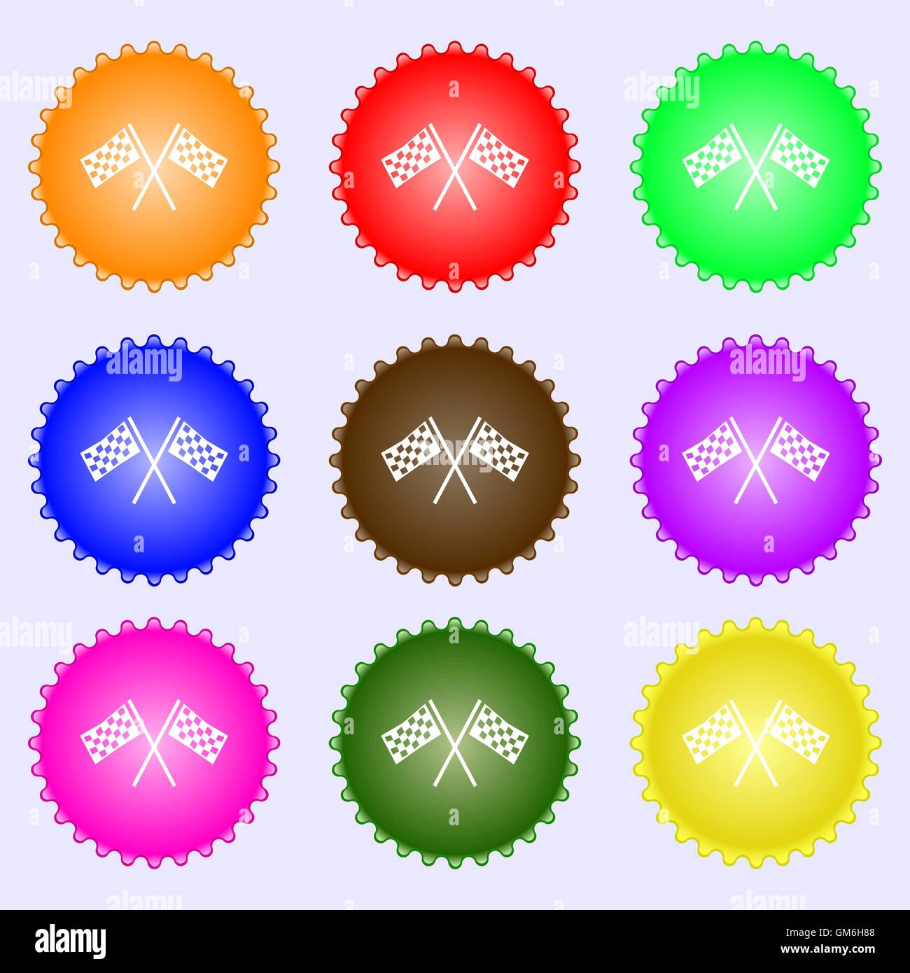 Race Flag Finish icon sign. A set of nine different colored labels ...