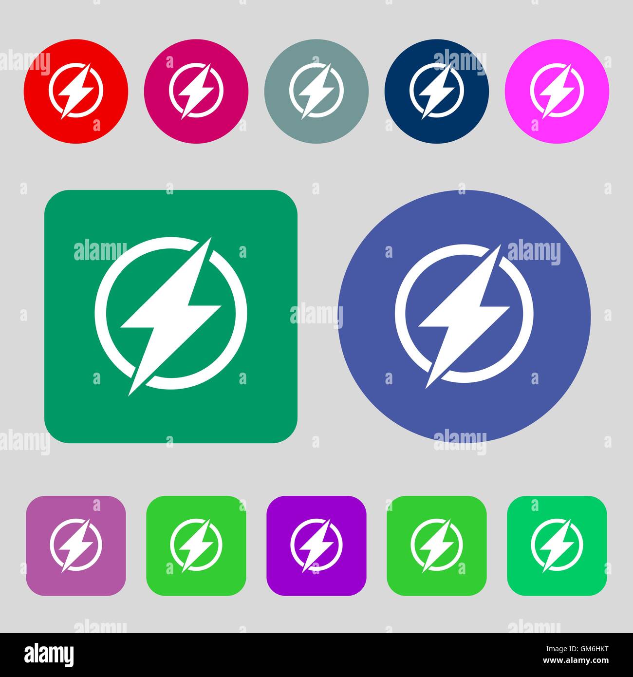 Photo flash sign icon. Lightning symbol. 12 colored buttons. Flat ...