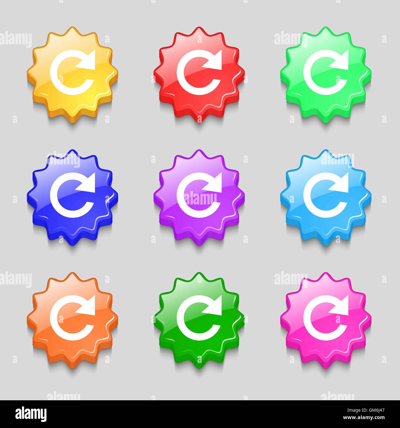 update sign icon. Full rotation arrow symbol. Symbols on nine wavy colourful buttons. Vector Stock Vector