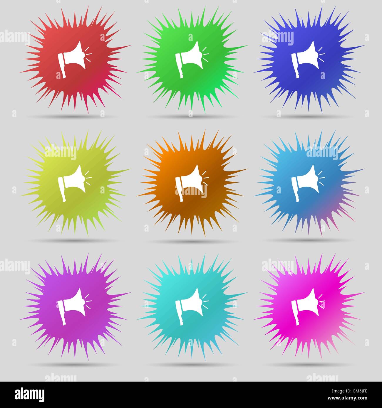 Megaphone soon icon. Loudspeaker symbol. Nine original needle buttons. Vector Stock Vector