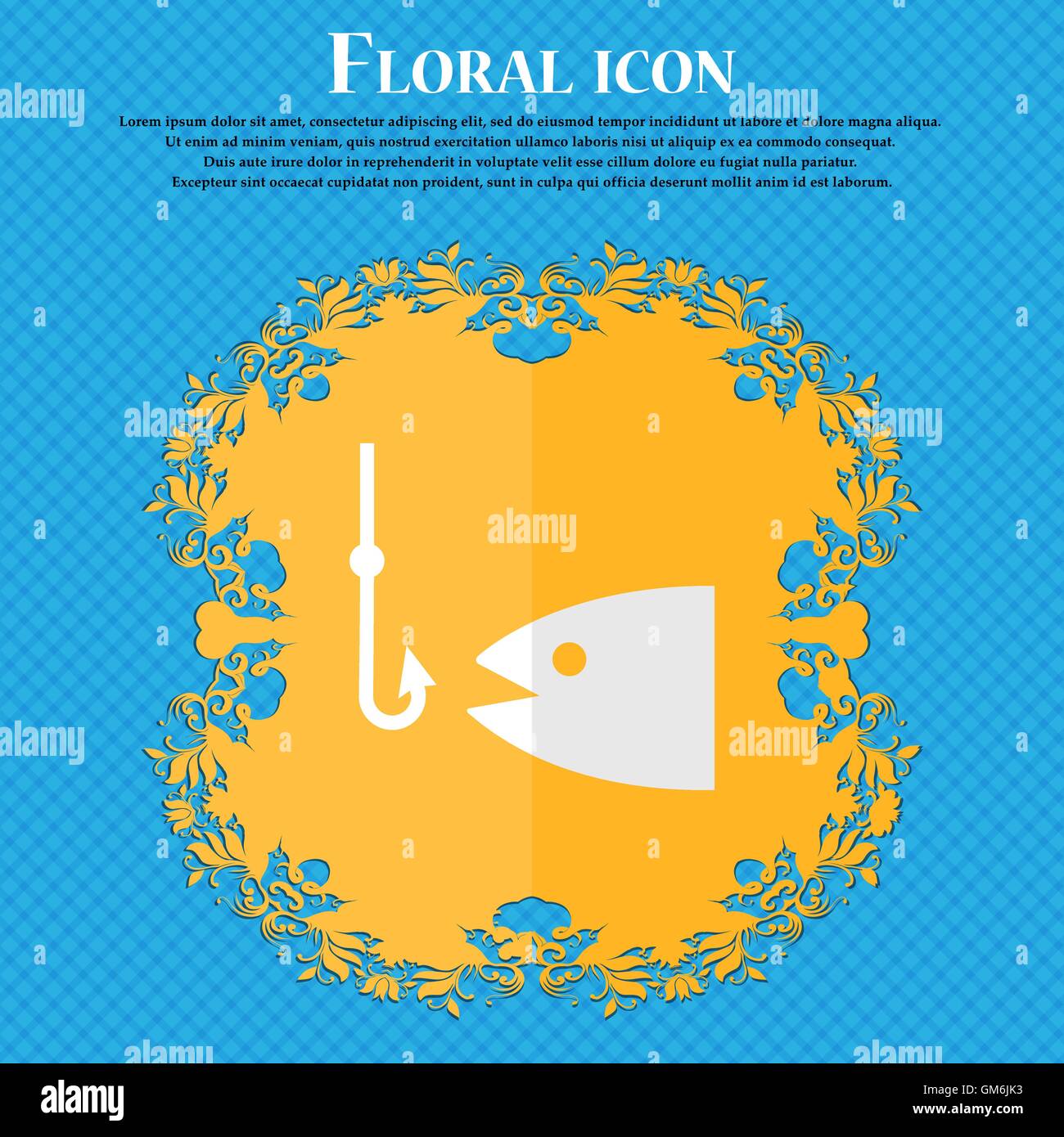 Fishing. Floral flat design on a blue abstract background with place for your text. Vector Stock Vector