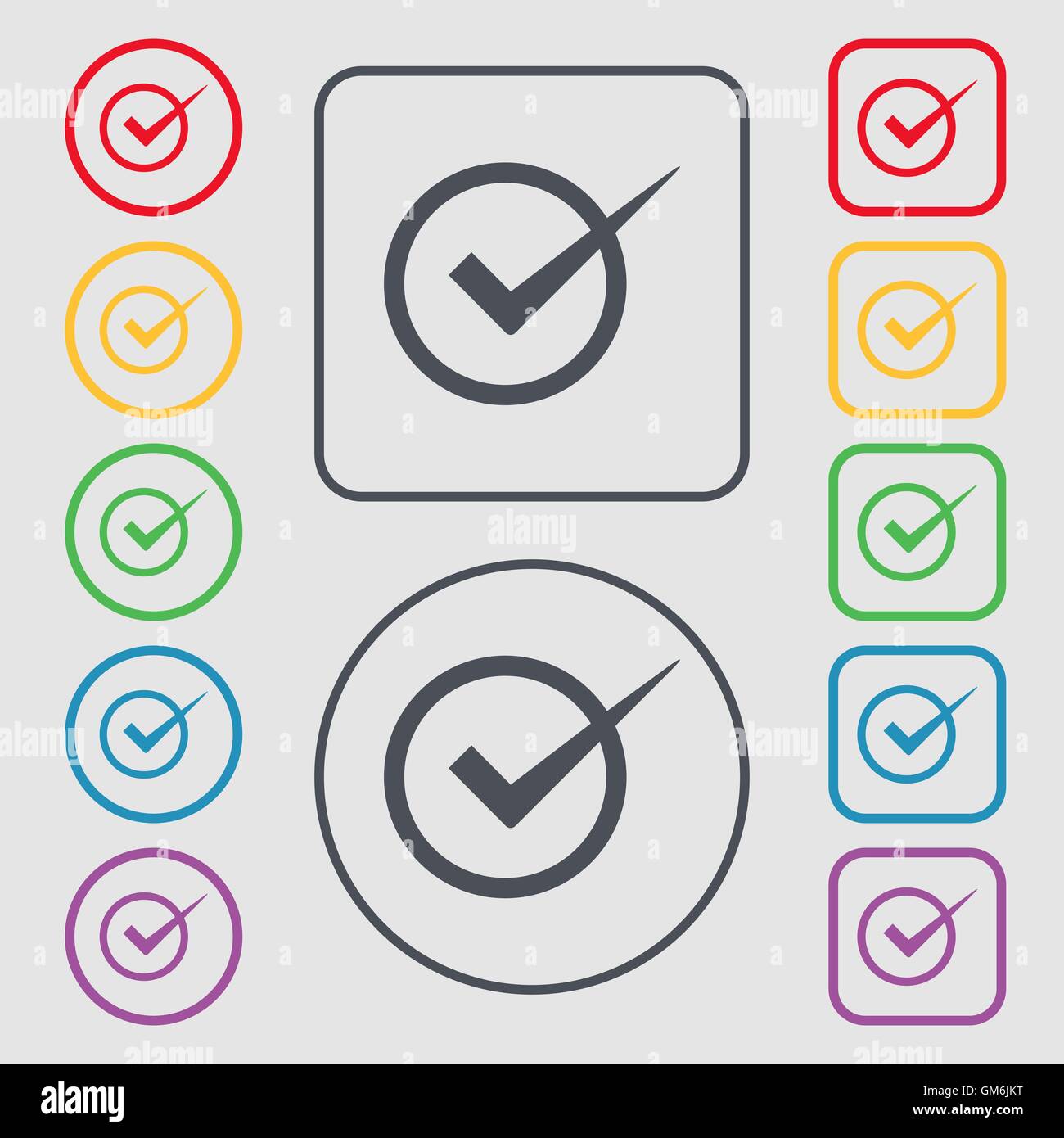 Check mark sign icon. Checkbox button. Symbols on the Round and square