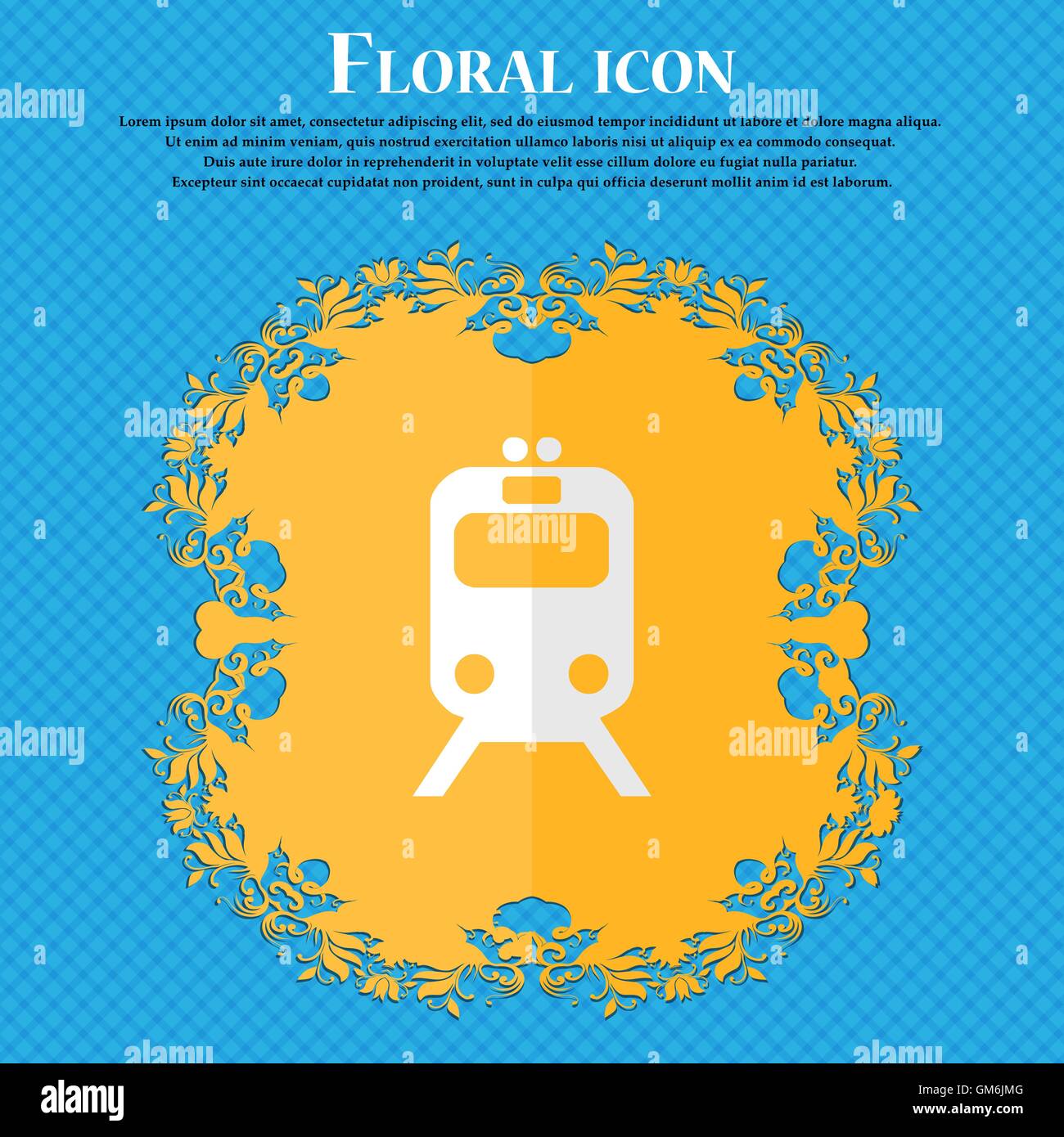 train. Floral flat design on a blue abstract background with place for your text. Vector Stock Vector