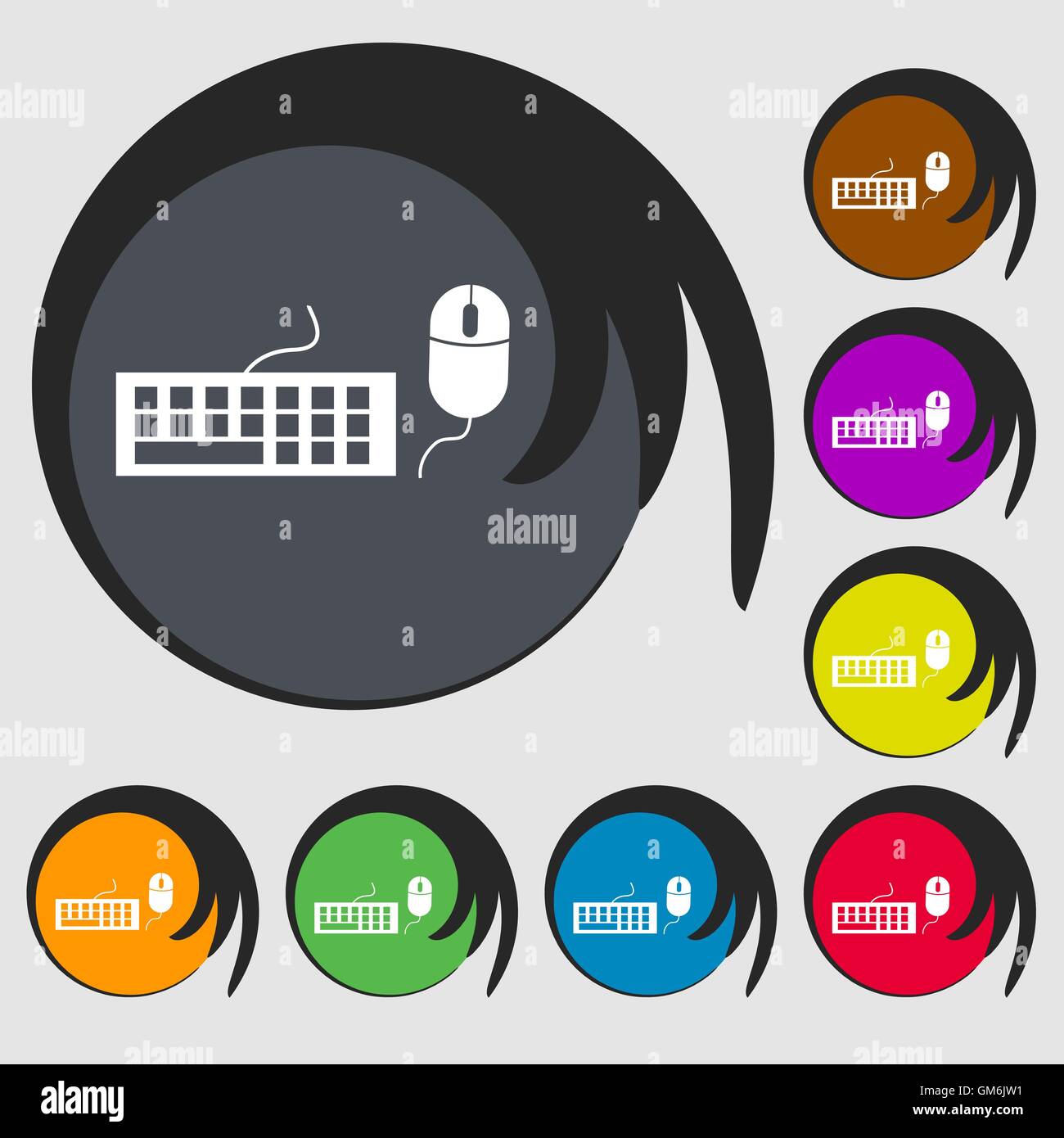 Computer keyboard and mouse Icon. Symbols on eight colored buttons
