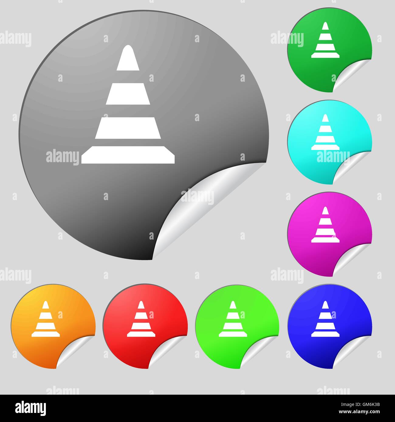 road cone icon. Set of eight multi colored round buttons, stickers. Vector Stock Vector