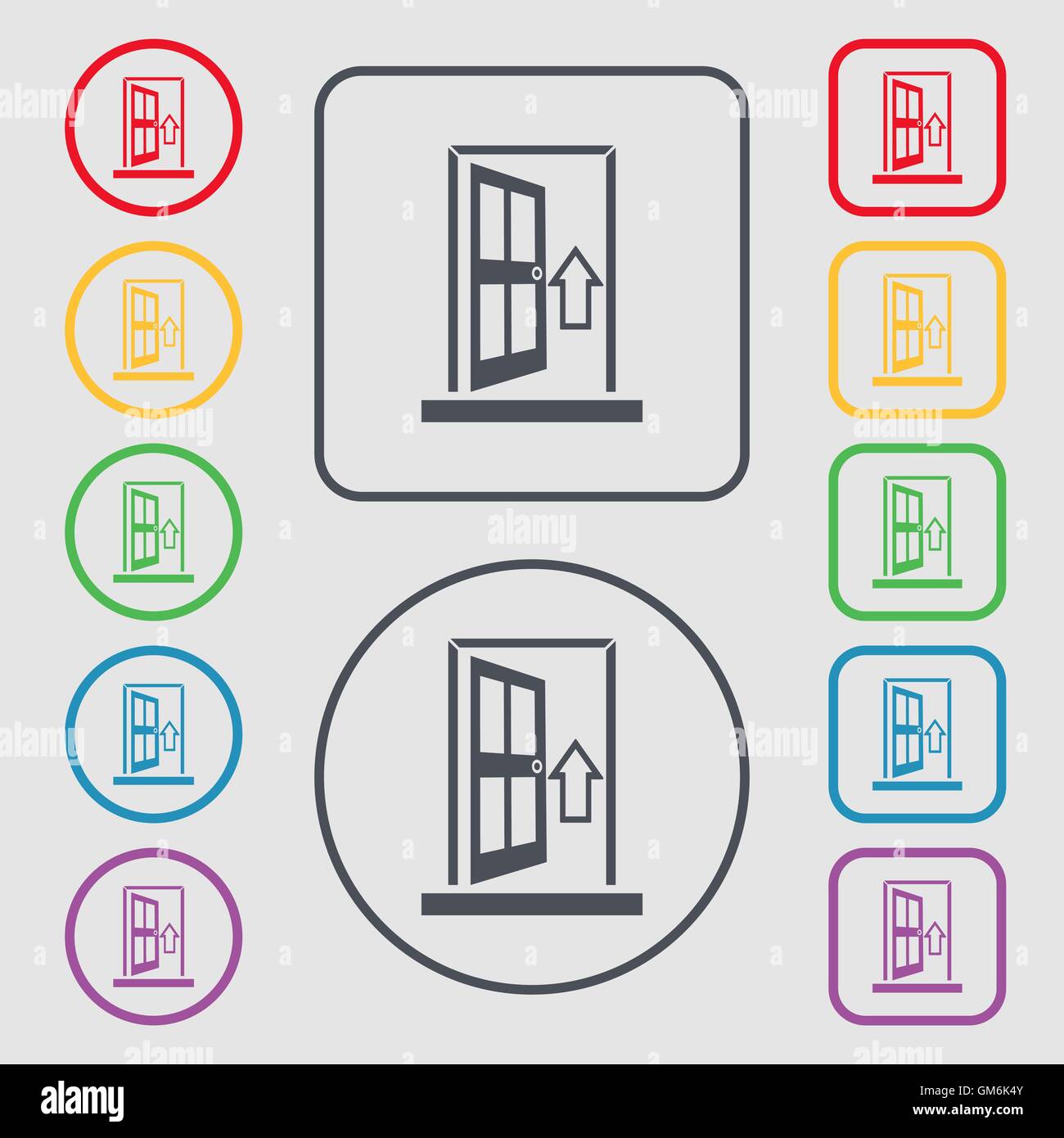 Door, Enter or exit icon sign. Symbols on the Round and square buttons with frame. Vector Stock Vector