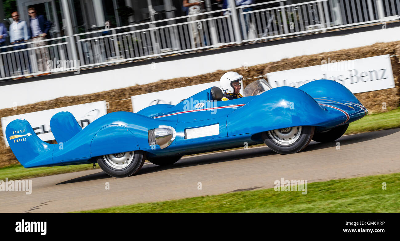 1956 Renault Étoile Filante gas turbine car with driver Eric Leroux at the 2016 Goodwood Festival of Speed, Sussex, UK. Stock Photo