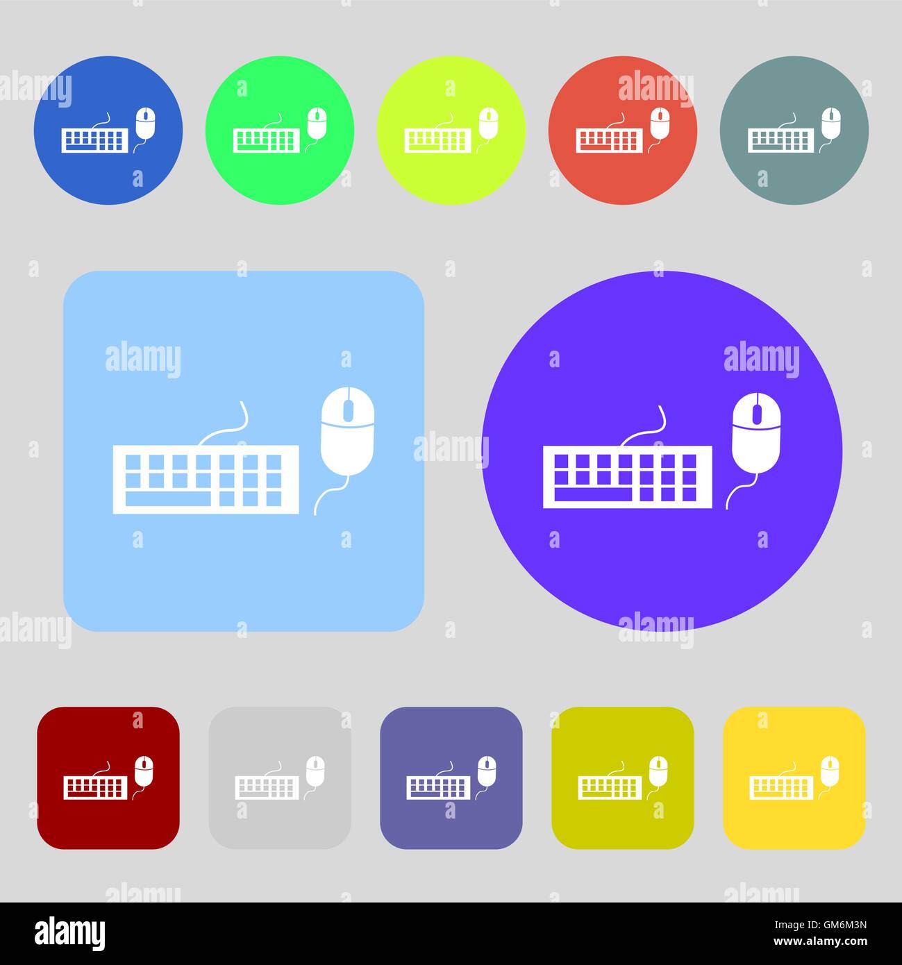 Computer keyboard and mouse Icon. 12 colored buttons. Flat design